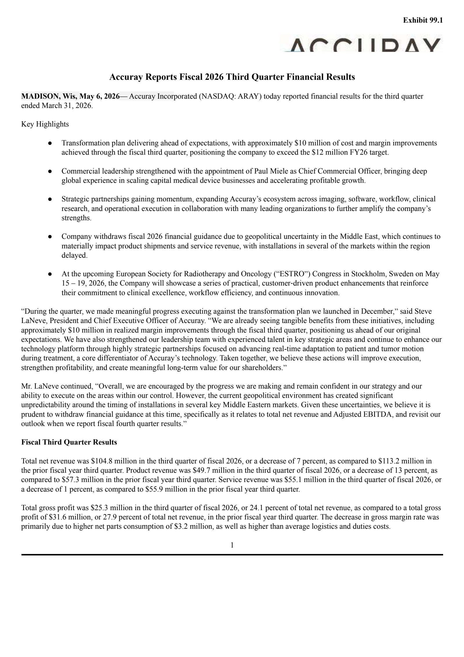 Accuray's Q3 2026 Press Release