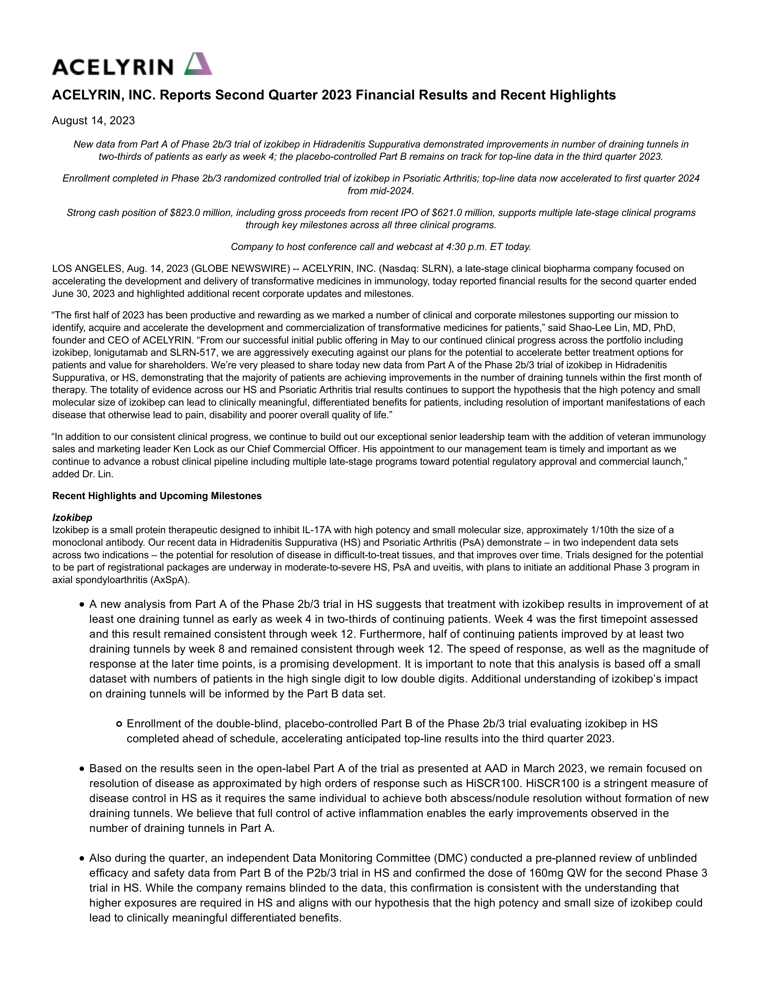 Acelyrin's Q2 2023 Press Release