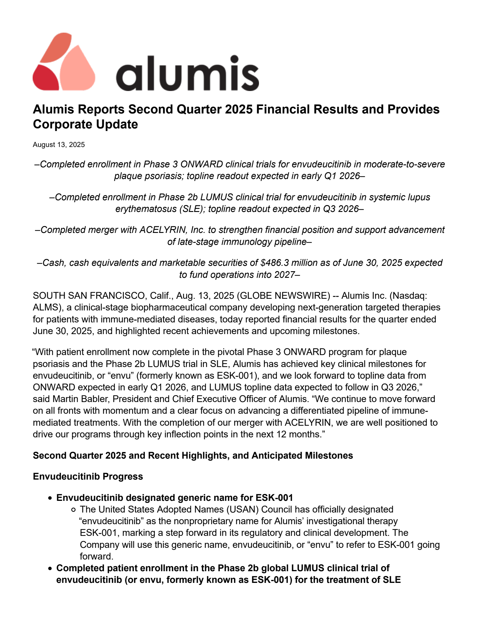 Acelyrin's Q2 2025 Press Release