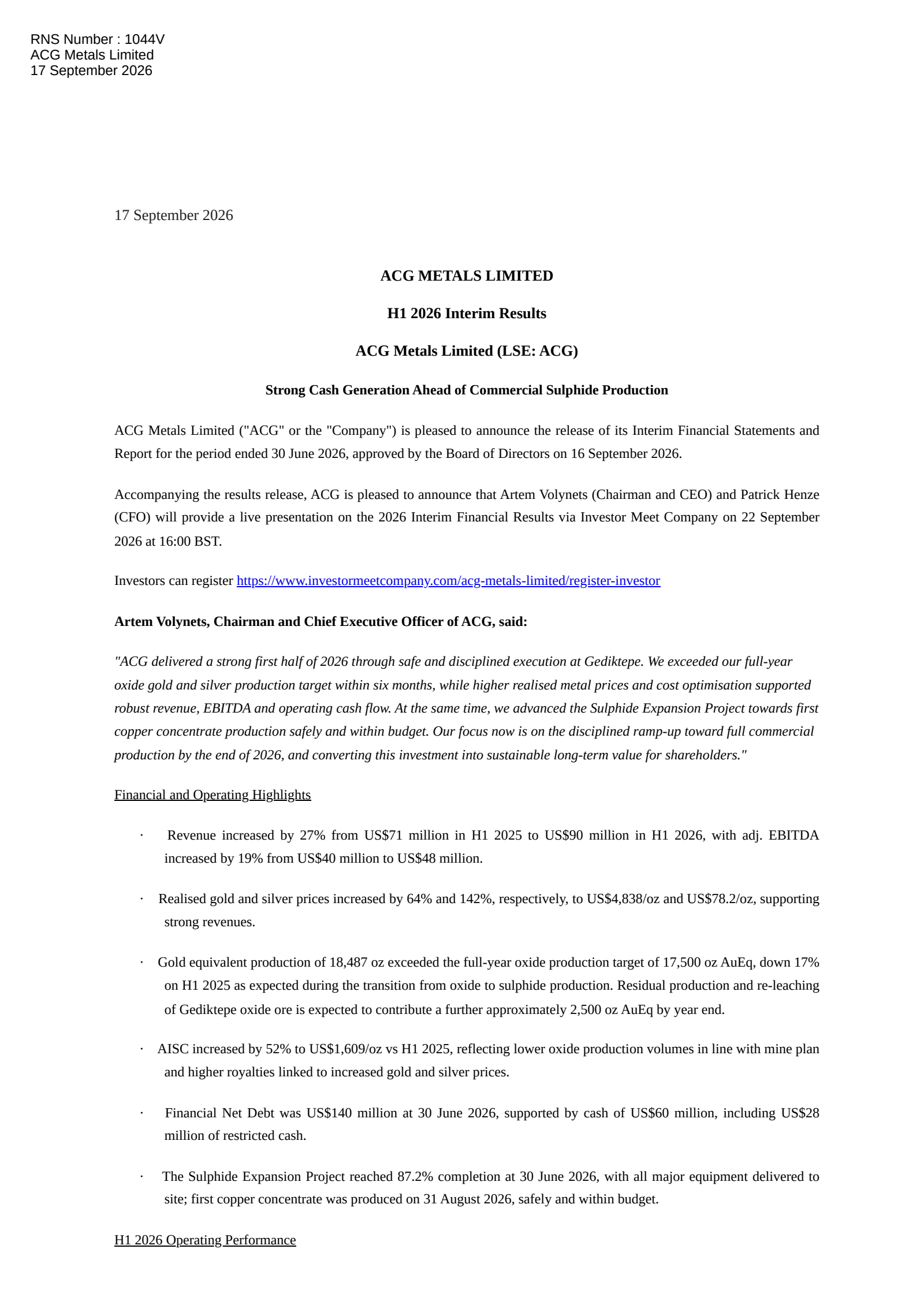 ACG Acquisition's H1 2026 Interim report