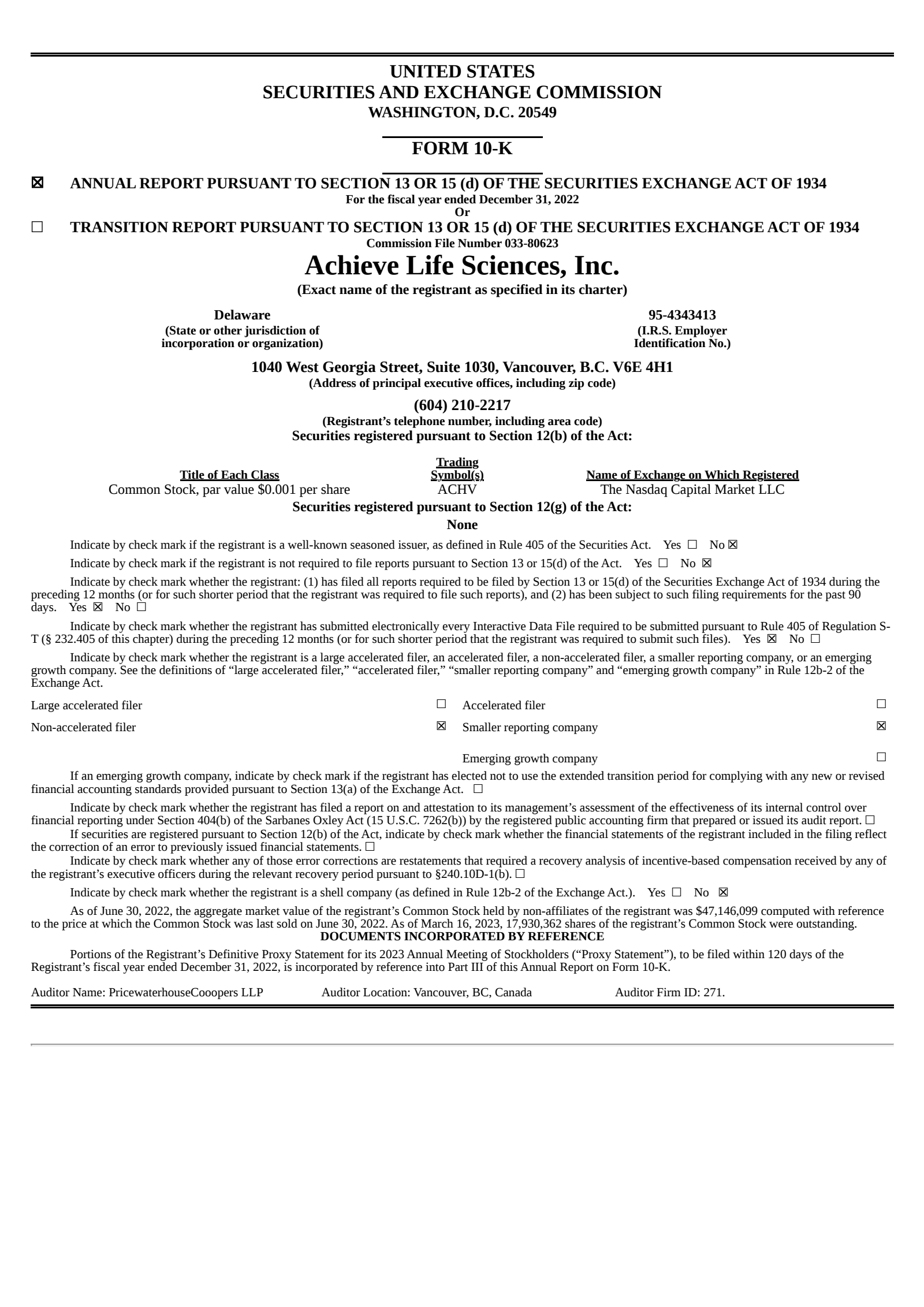 Achieve Life Sciences' Q4 2022 Annual report