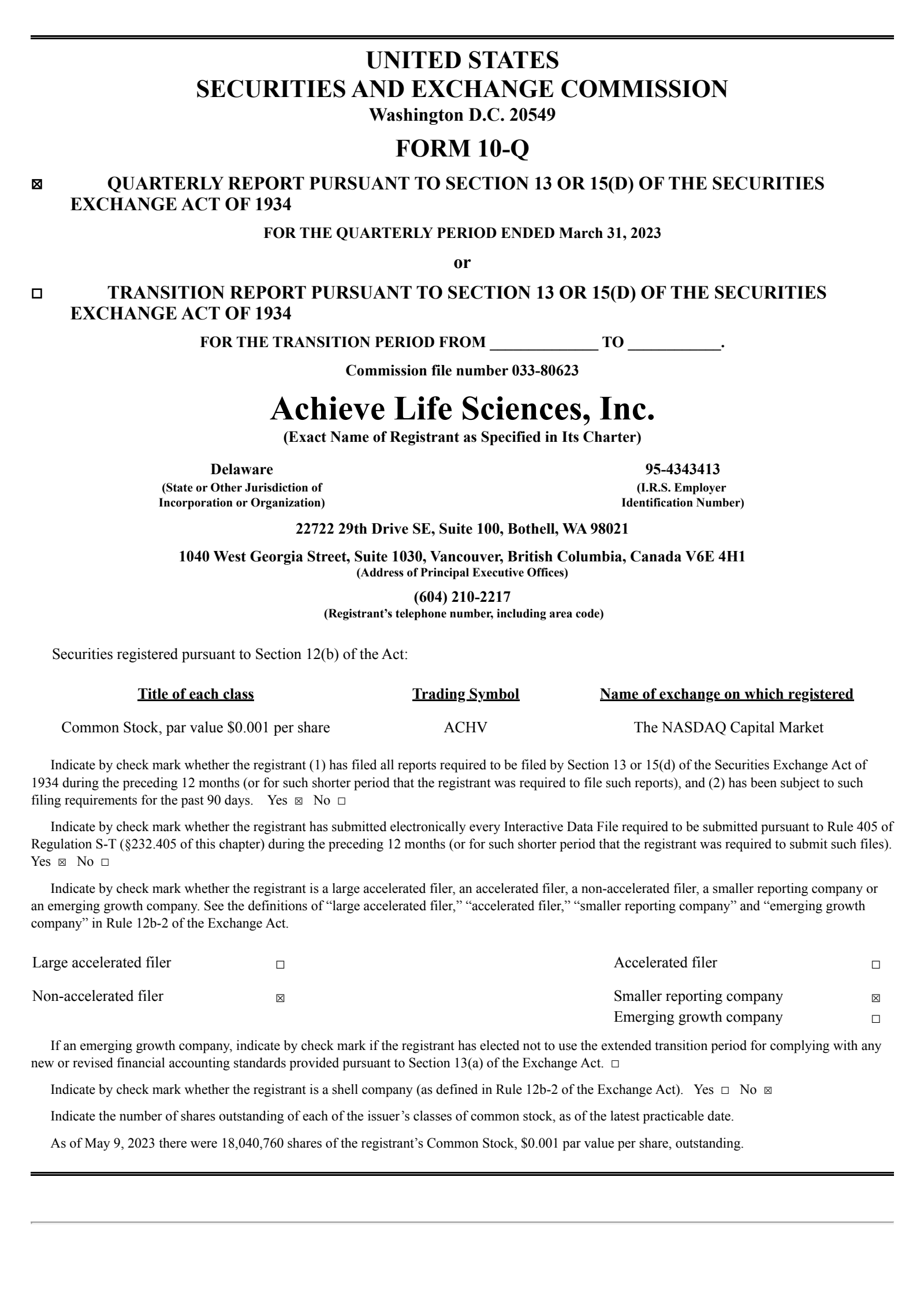 Achieve Life Sciences' Q1 2023 Quarterly report