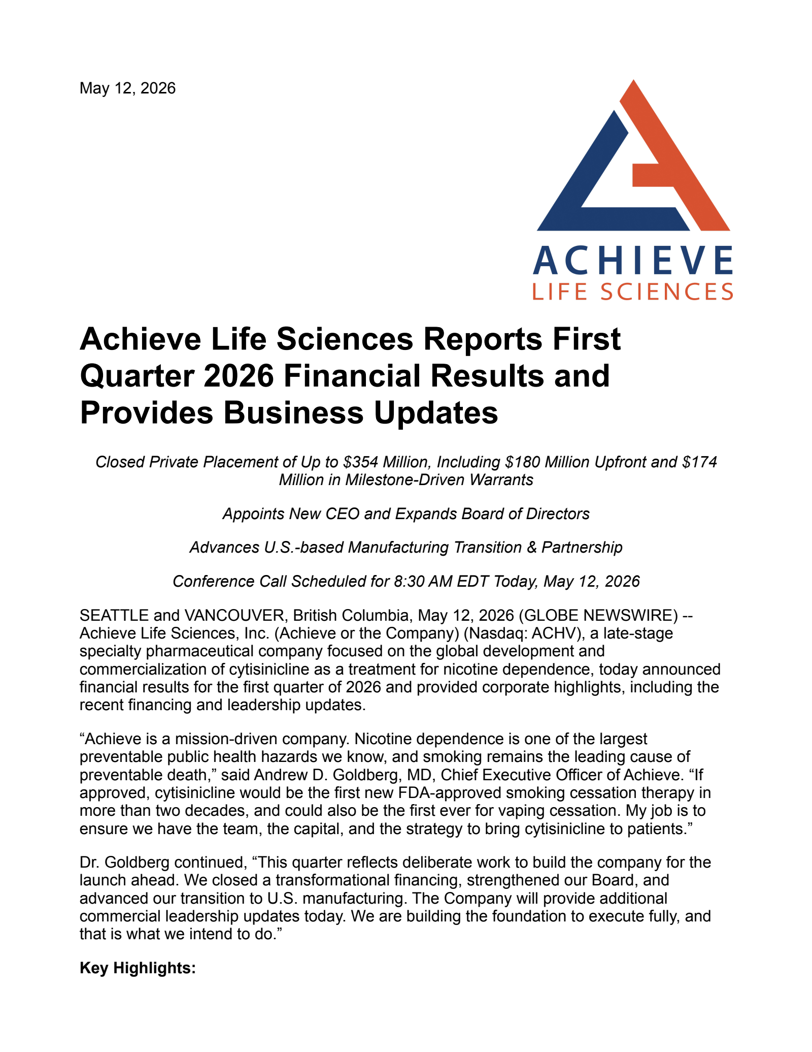 Achieve Life Sciences' Q1 2026 Press Release