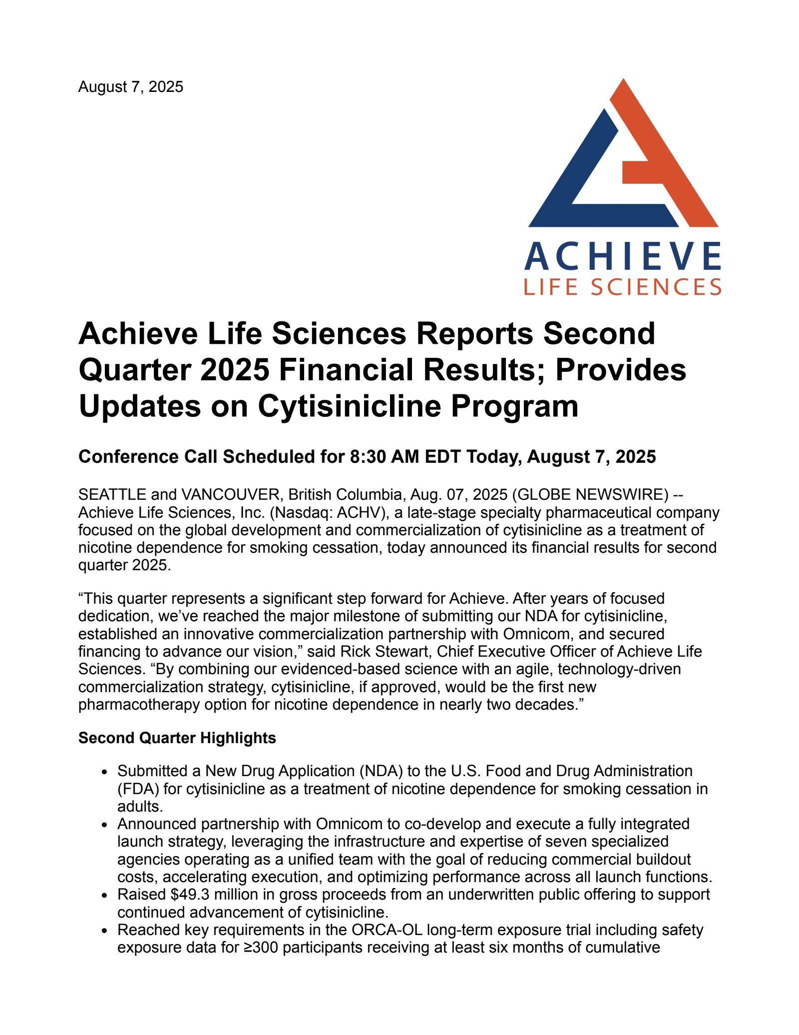 Achieve Life Sciences' Q2 2025 Press Release