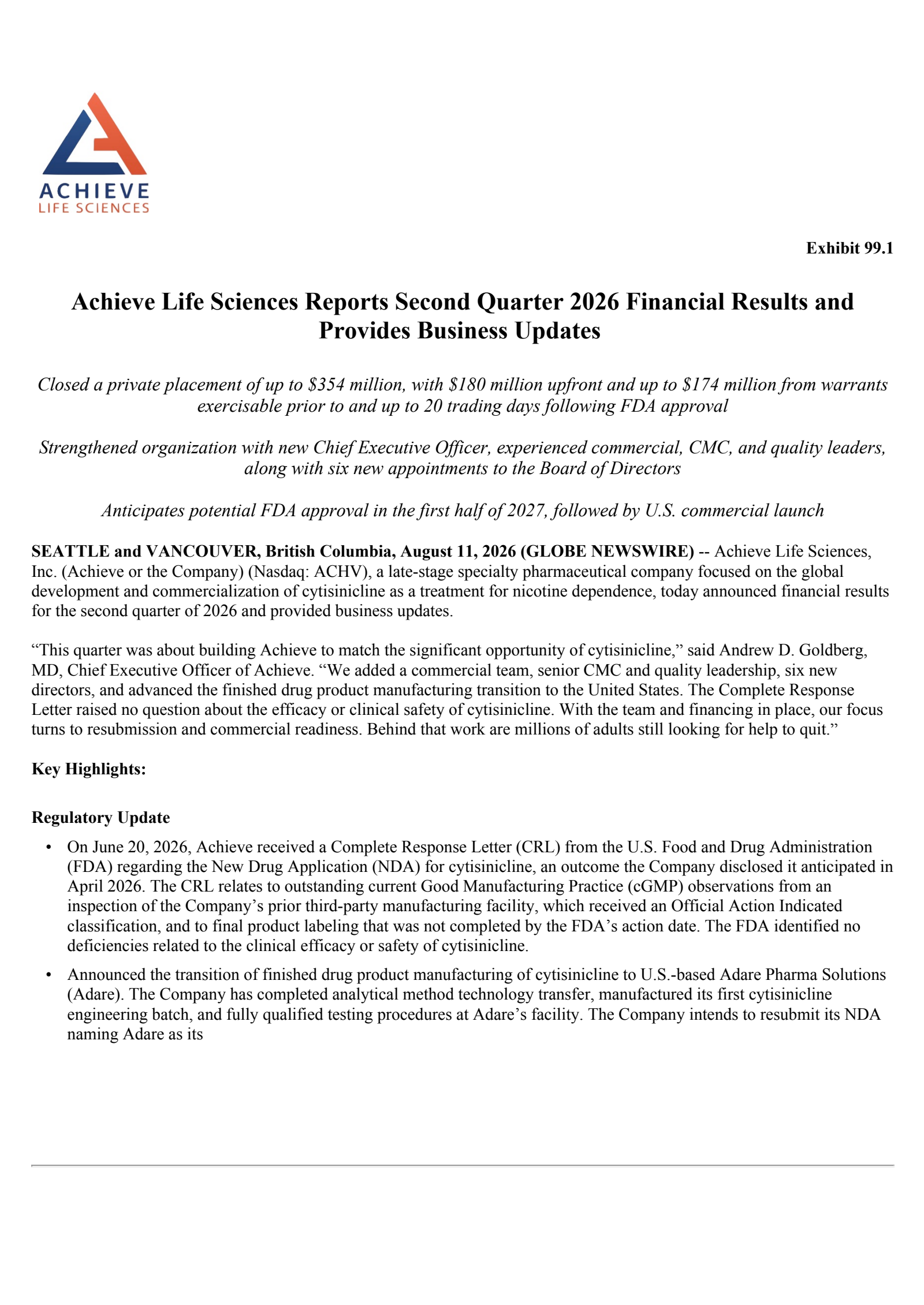 Achieve Life Sciences' Q2 2026 Press Release