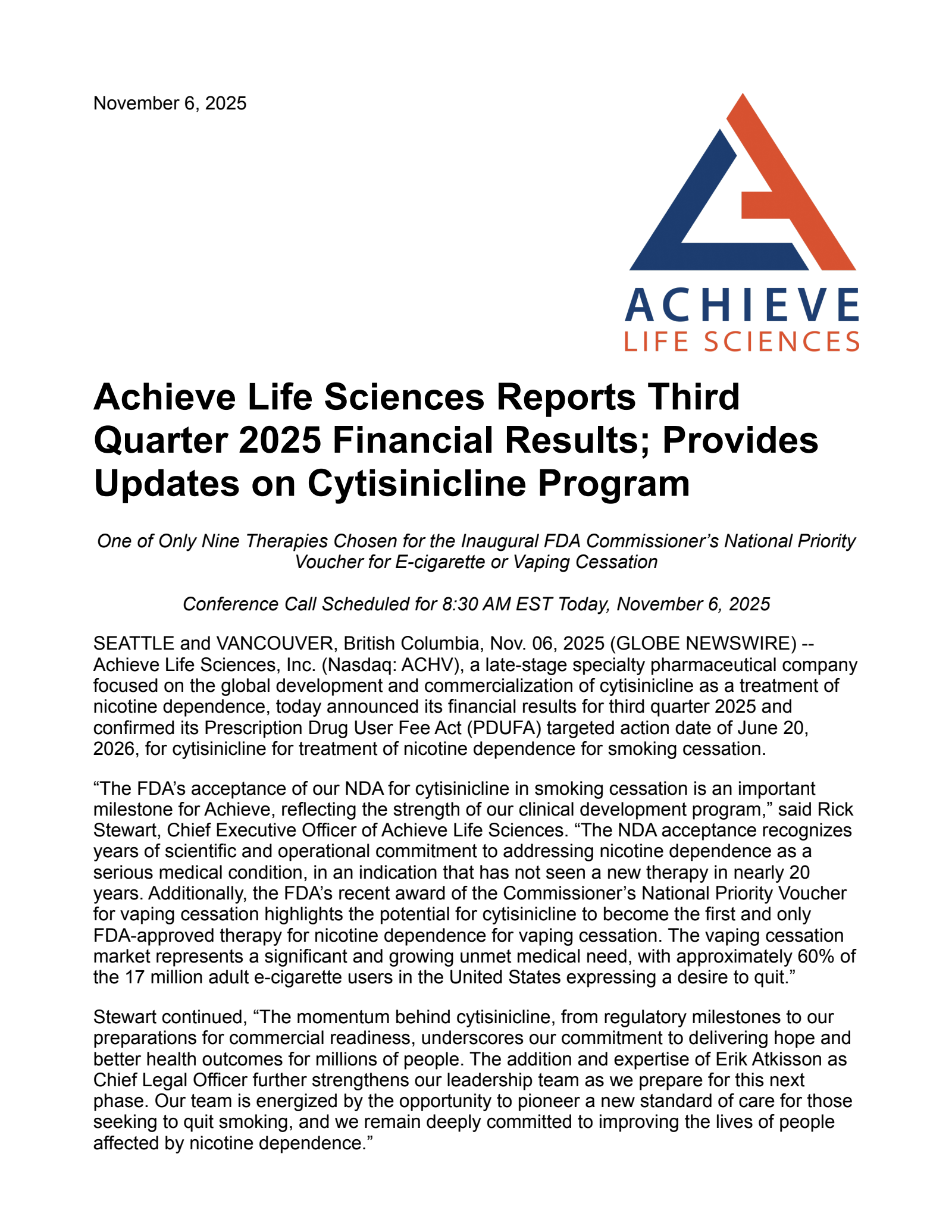 Achieve Life Sciences' Q3 2025 Earnings Release