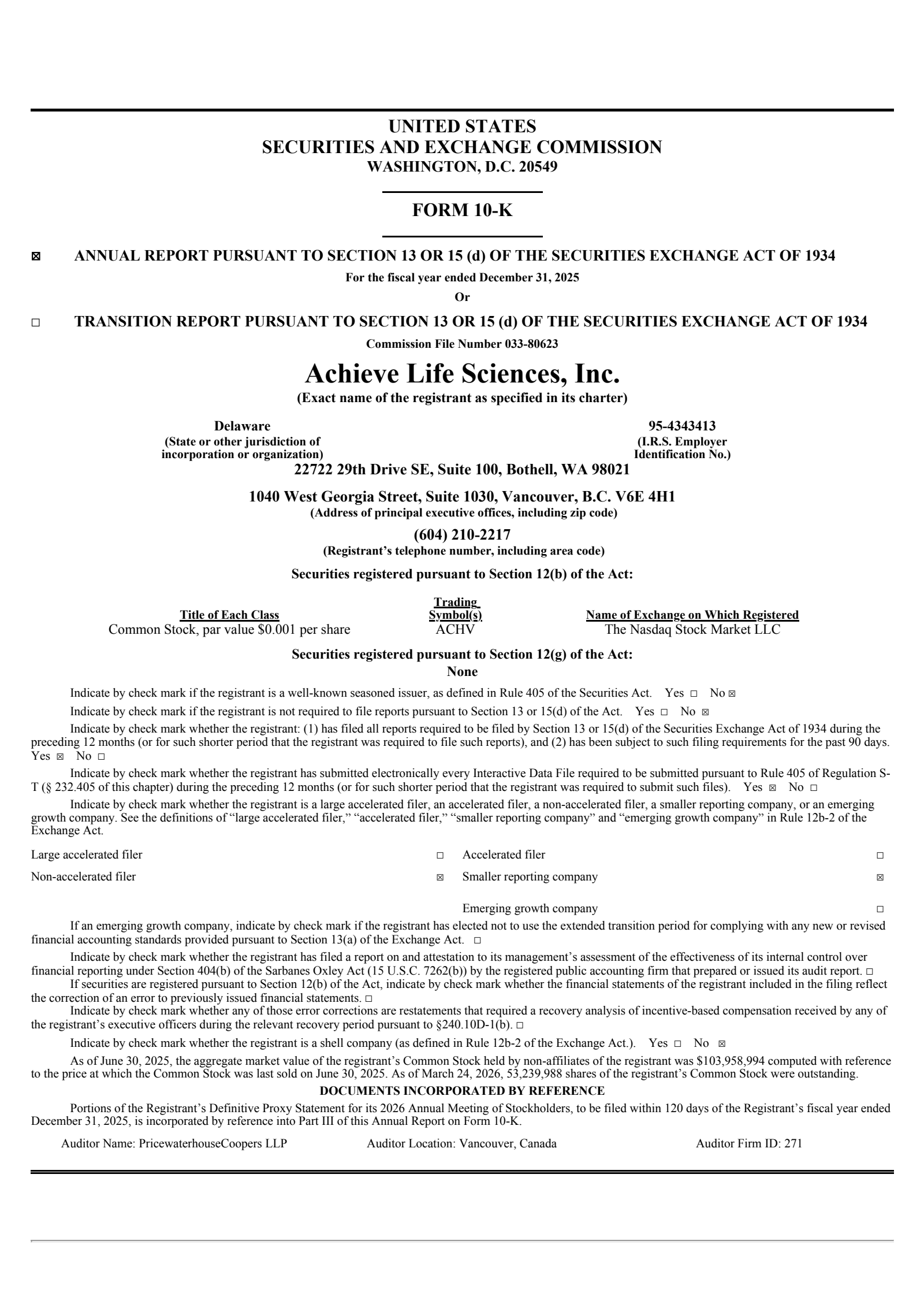 Achieve Life Sciences' Q4 2025 Annual report