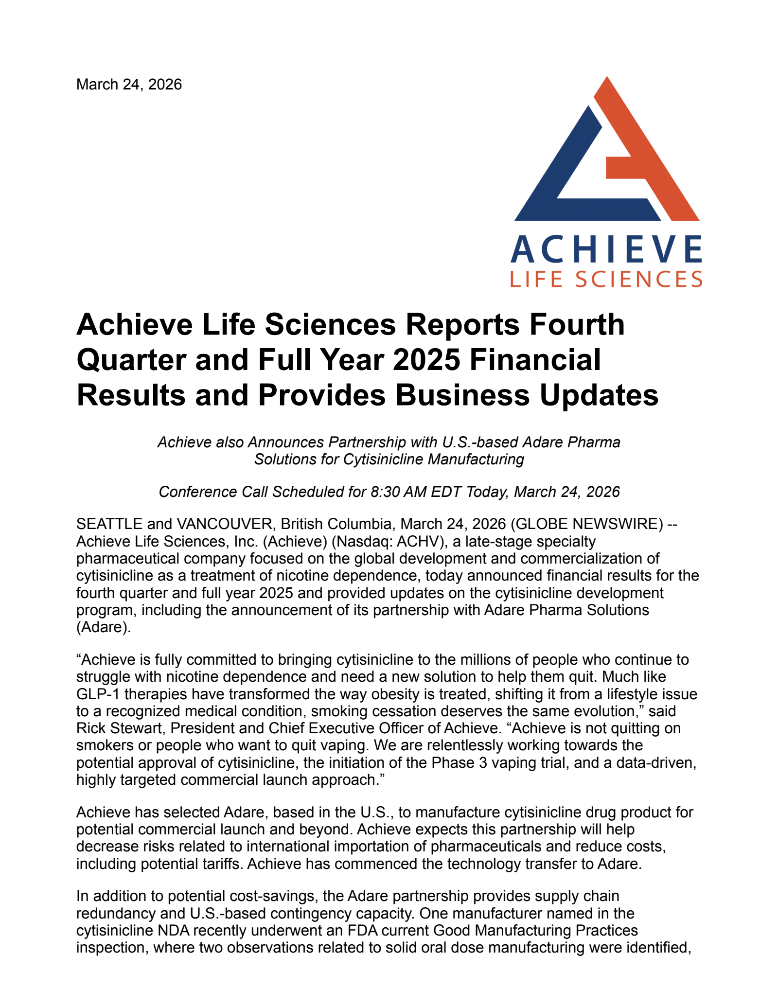 Achieve Life Sciences' Q4 2025 Press Release