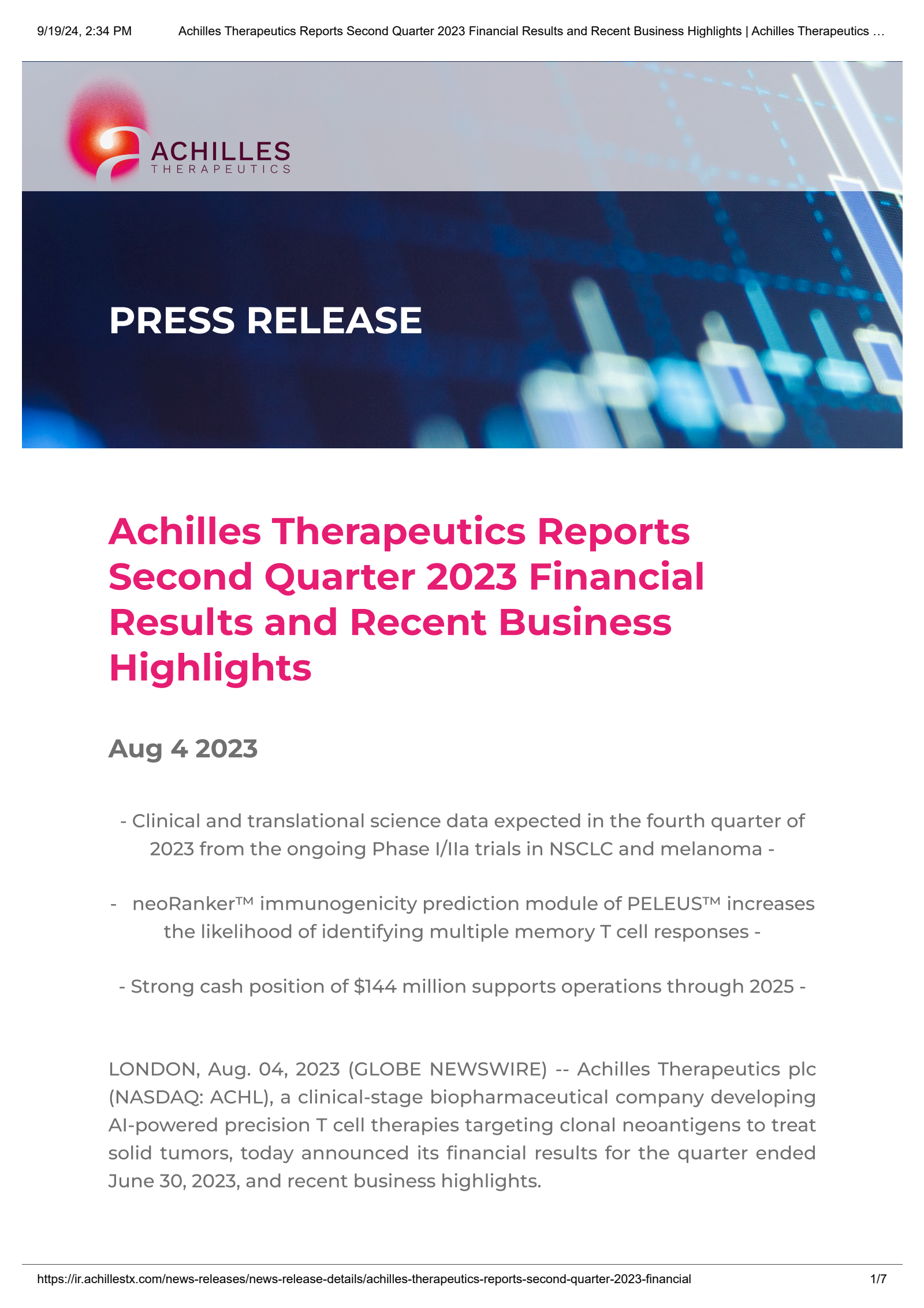 Achilles Therapeutics' Q2 2023 Press Release