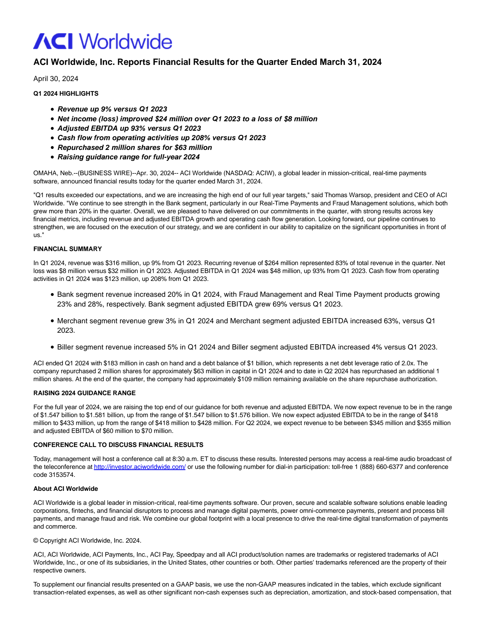 ACI Worldwide's Q1 2024 Press Release