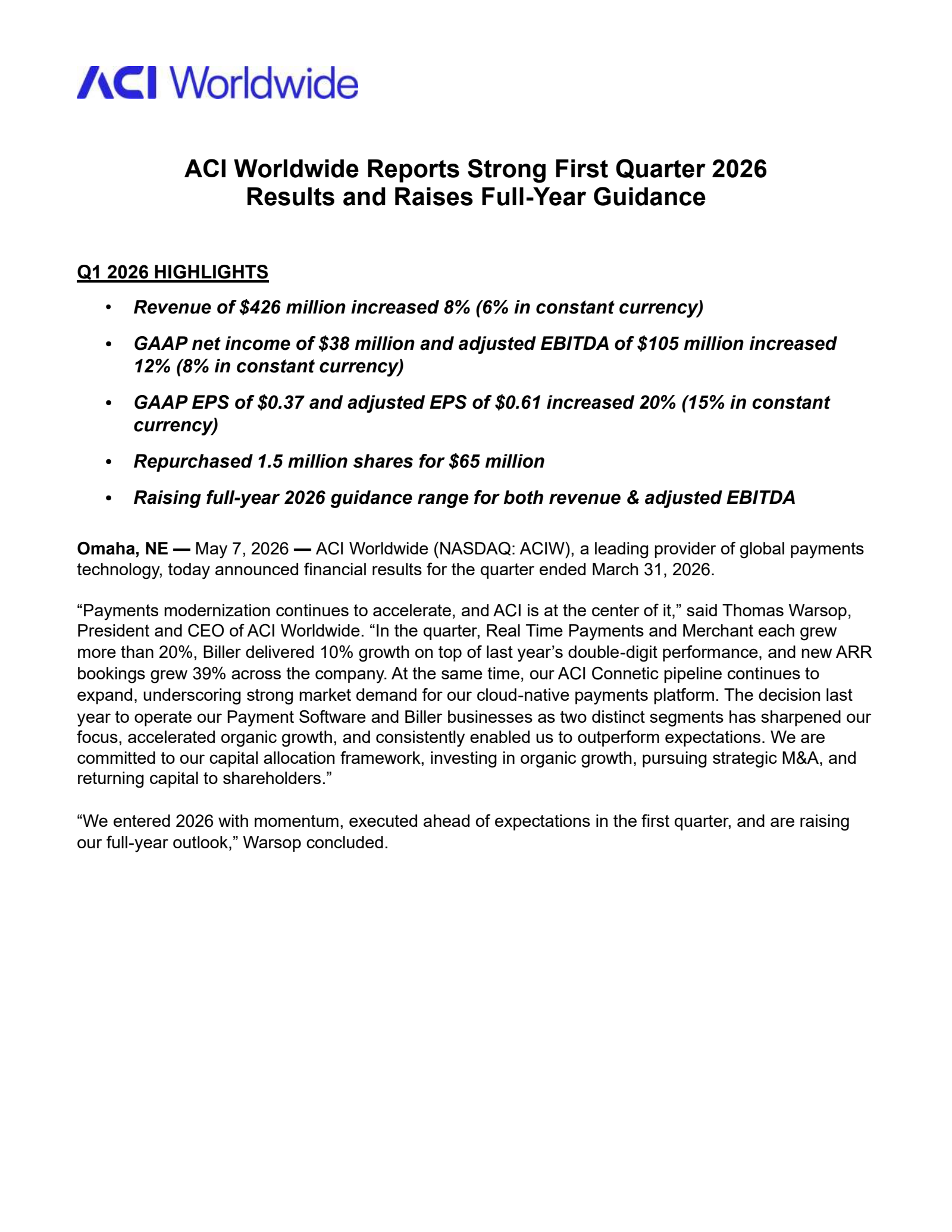 ACI Worldwide's Q1 2026 Press Release