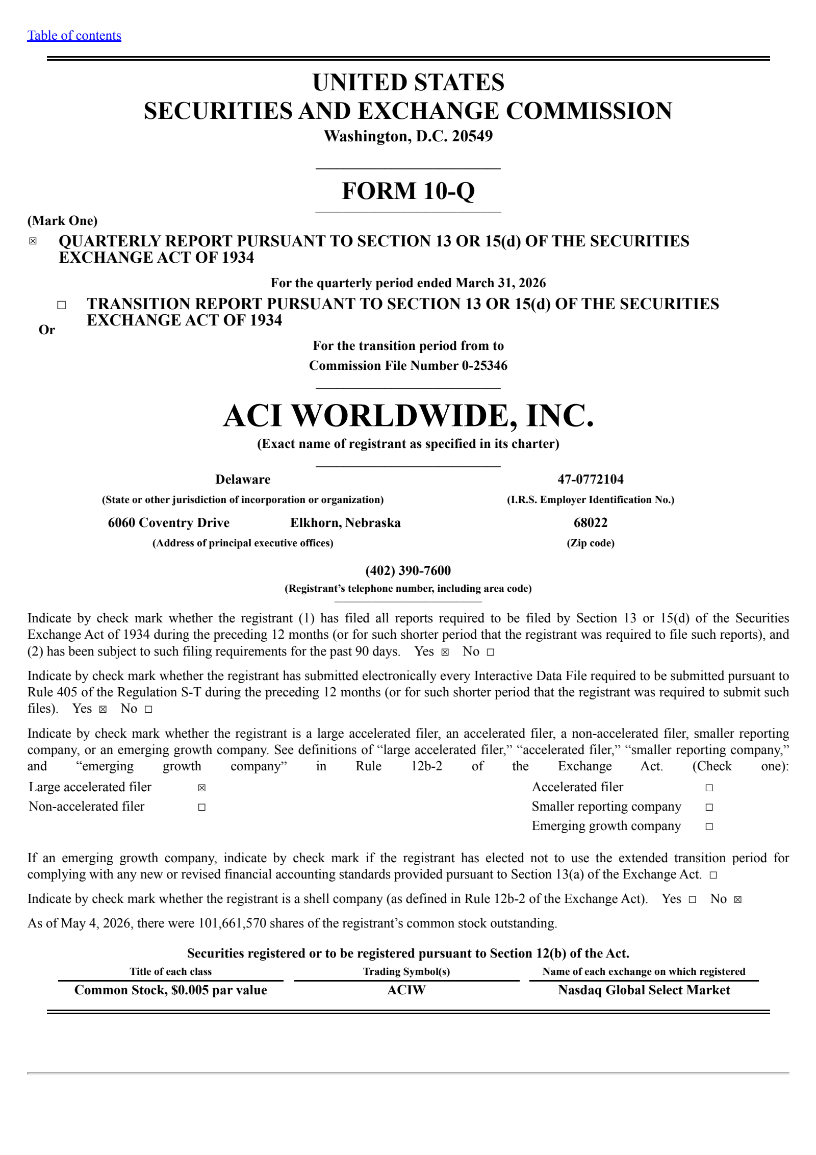 ACI Worldwide's Q1 2026 Quarterly report