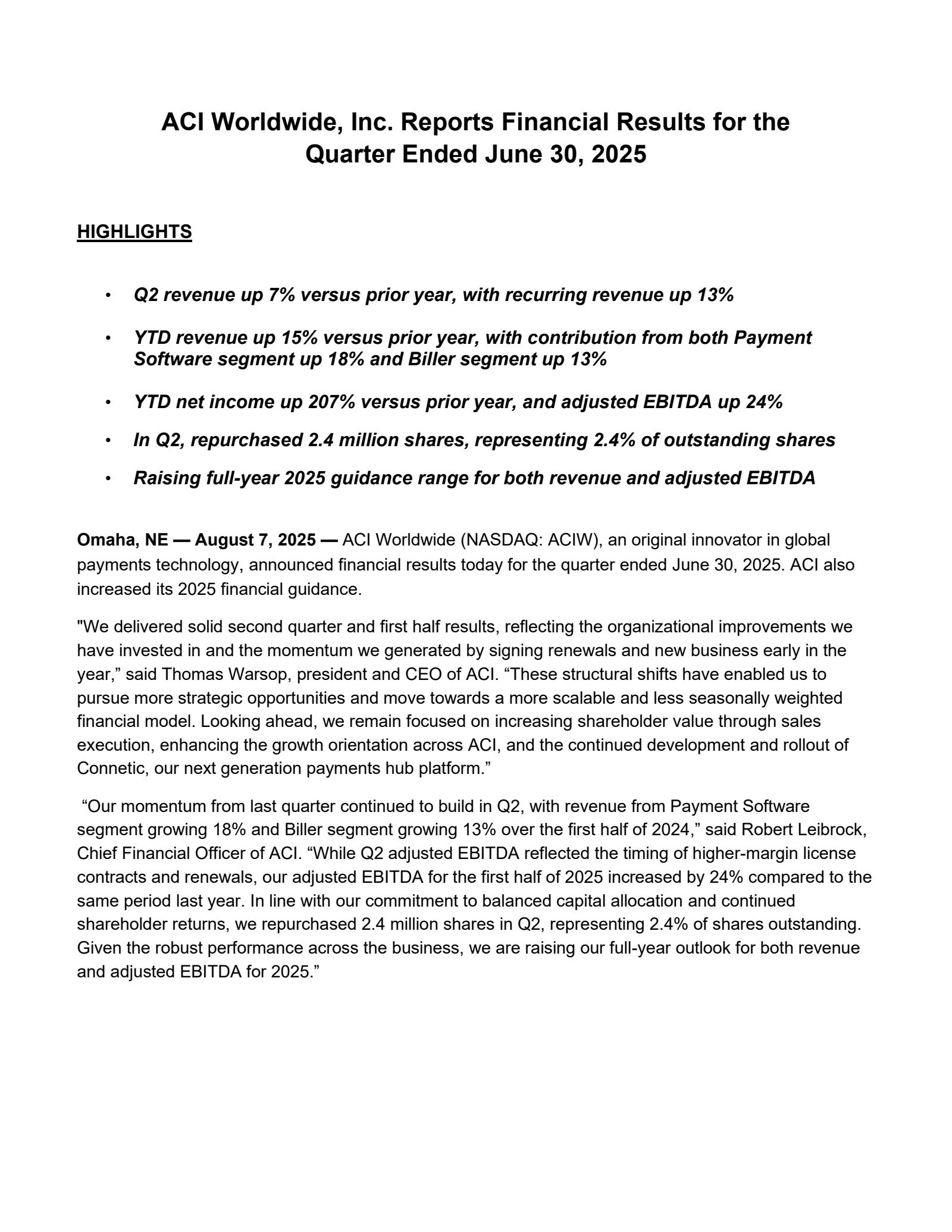 ACI Worldwide's Q2 2025 Press Release