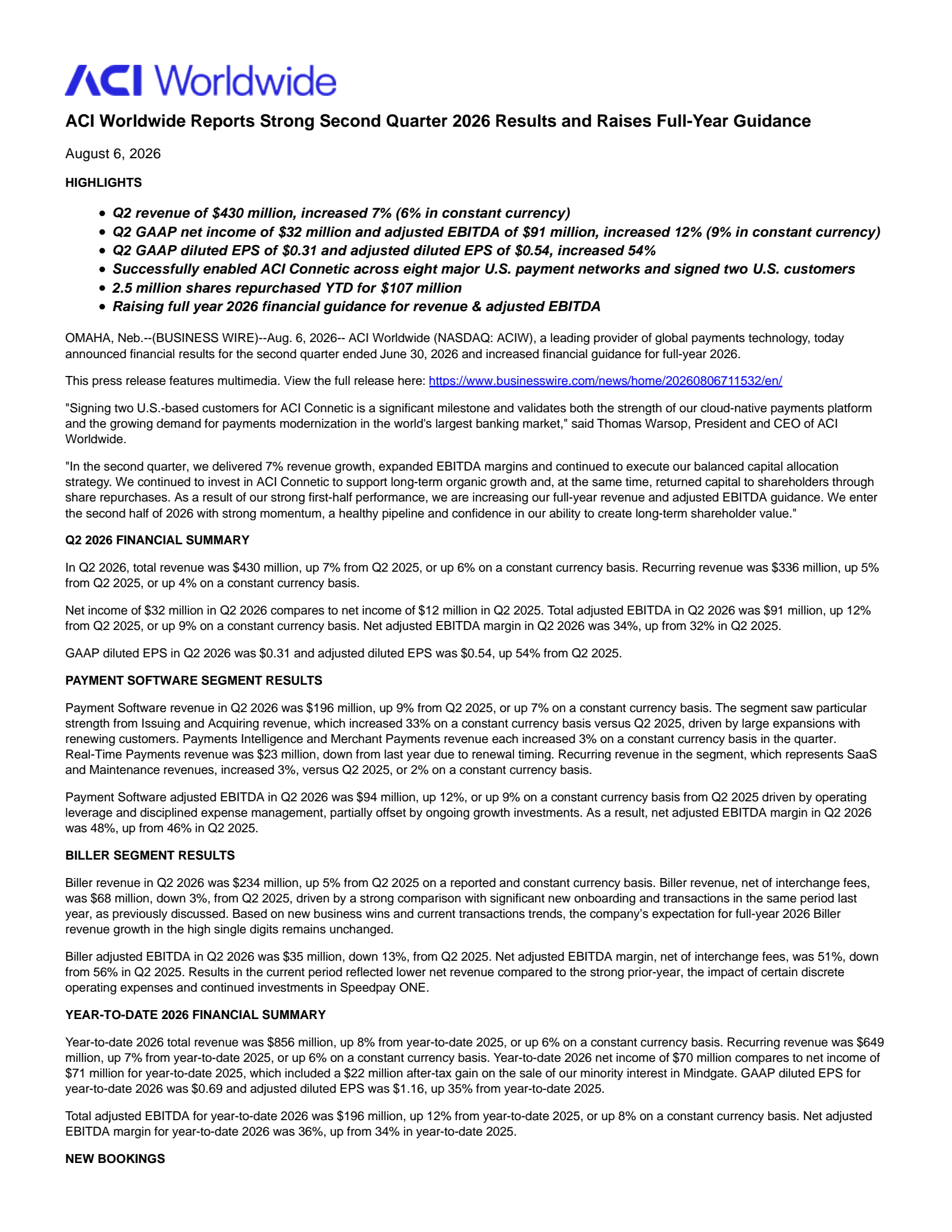 ACI Worldwide's Q2 2026 Press Release