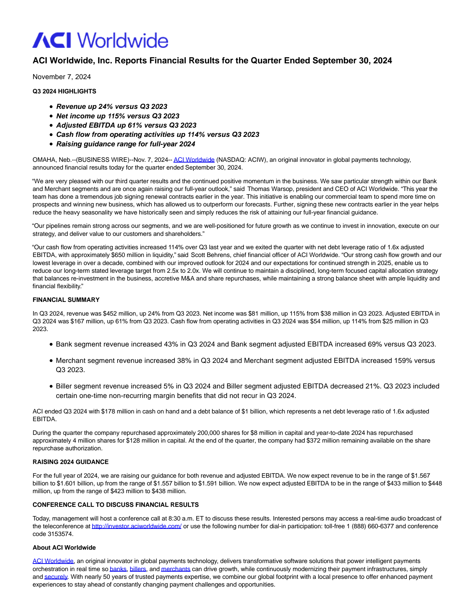 ACI Worldwide's Q3 2024 Press Release