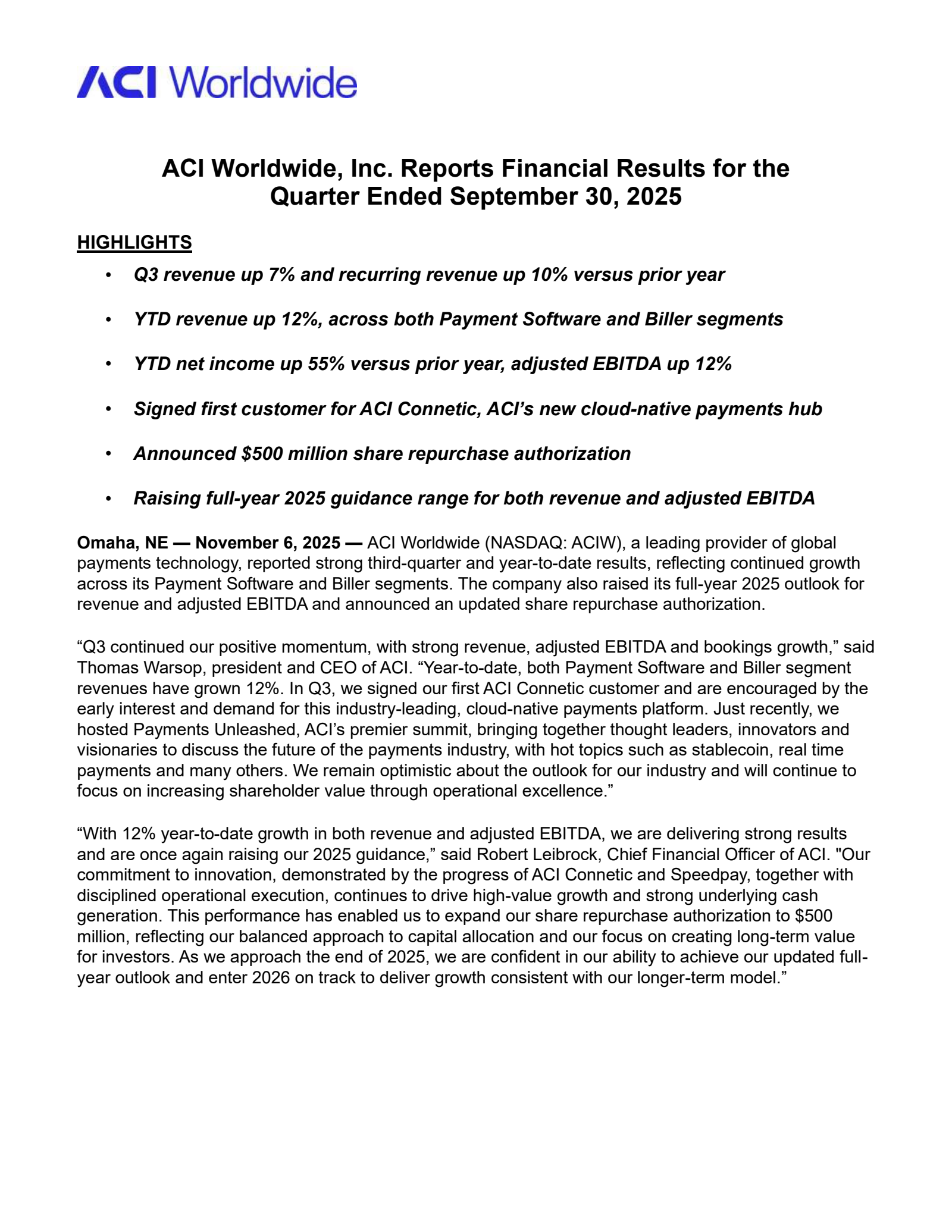 ACI Worldwide's Q3 2025 Earnings Release