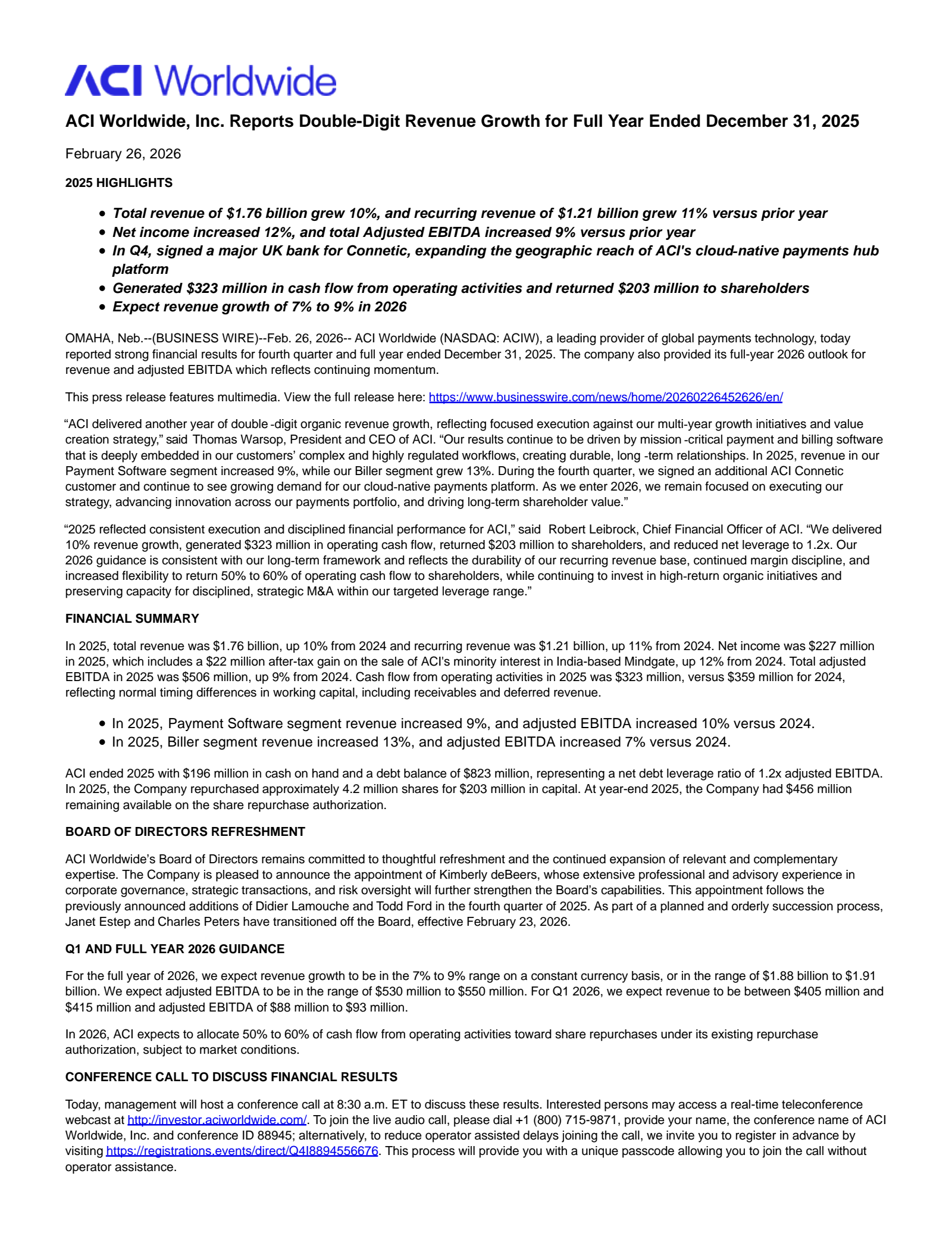 ACI Worldwide's Q4 2025 Press Release