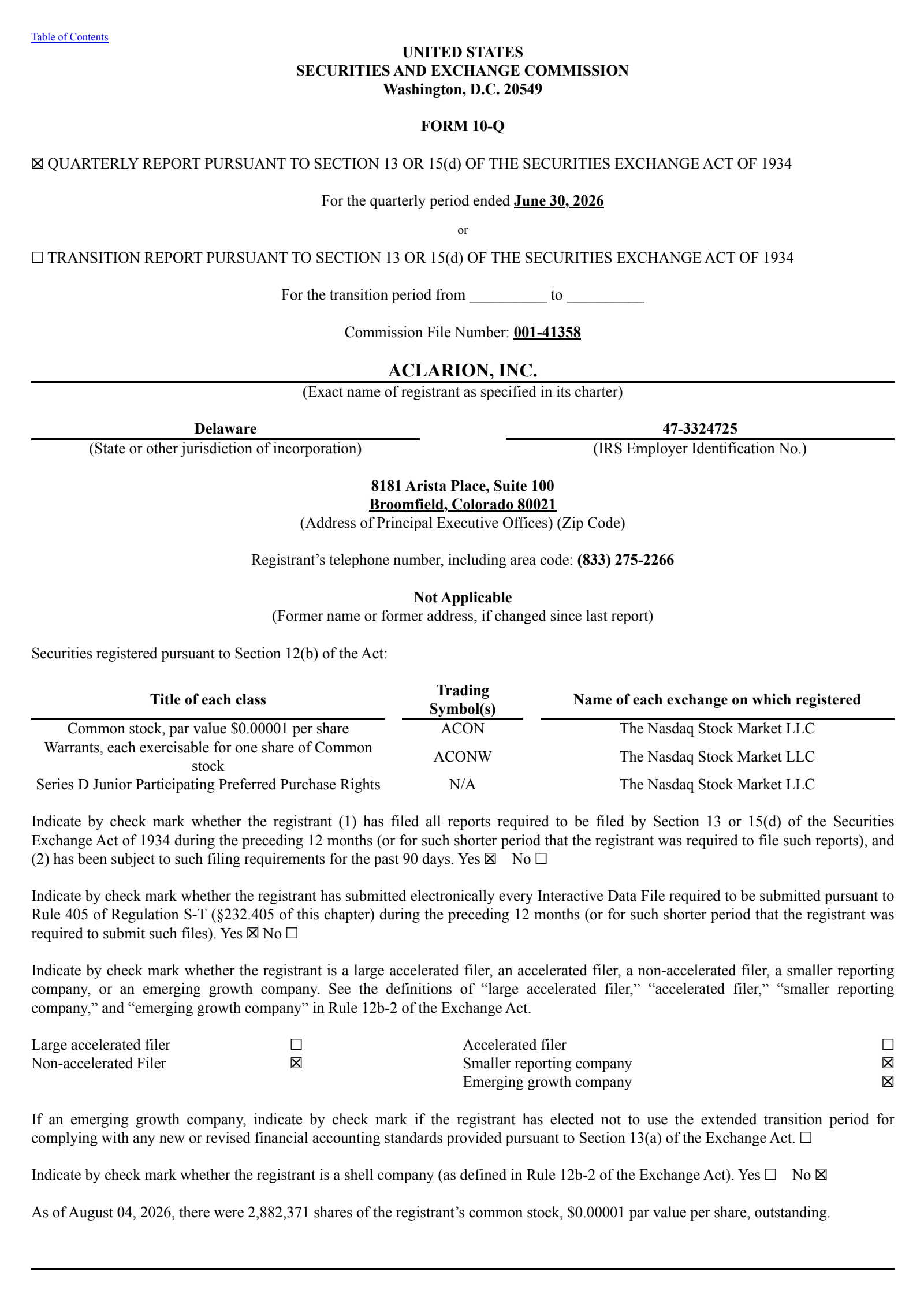 Aclarion's Q2 2026 Quarterly report