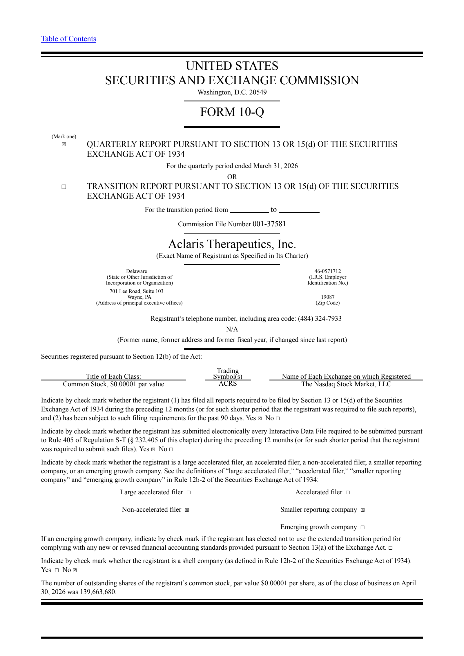 Aclaris Therapeutics' Q1 2026 Quarterly report