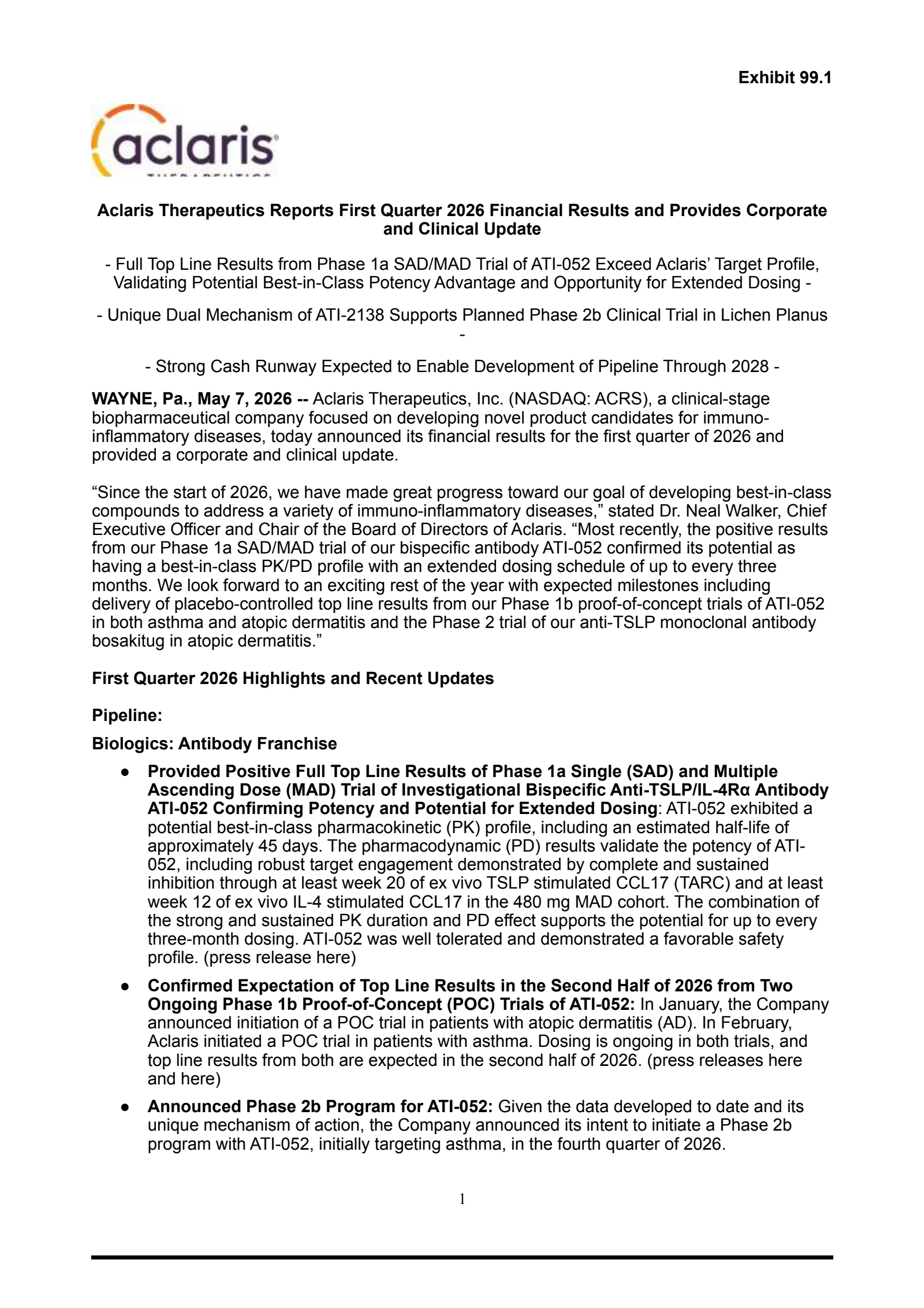 Aclaris Therapeutics' Q1 2026 Press Release