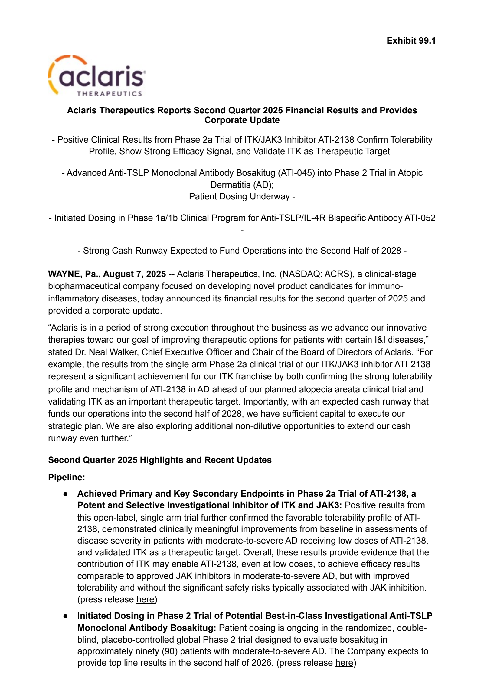 Aclaris Therapeutics' Q2 2025 Press Release