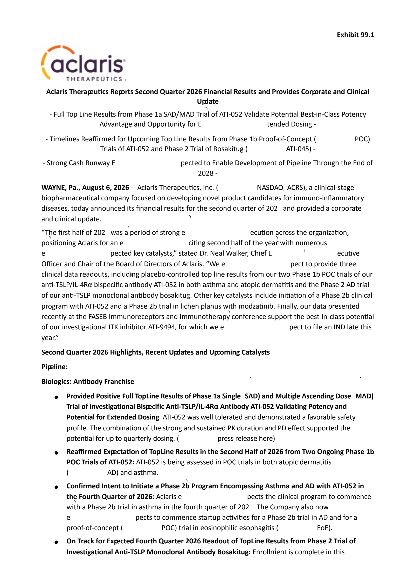 Aclaris Therapeutics' Q2 2026 Press Release