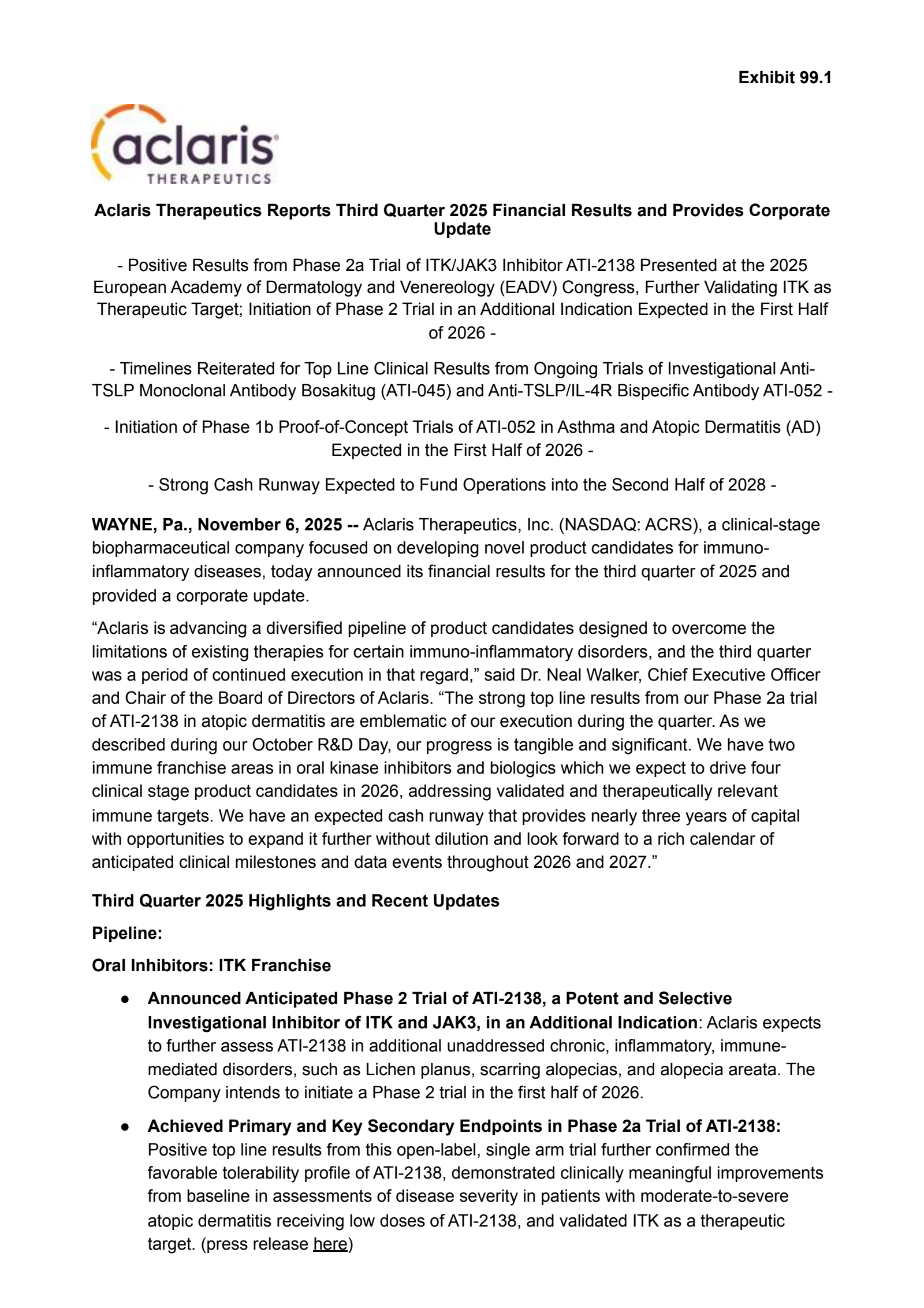 Aclaris Therapeutics' Q3 2025 Earnings Release