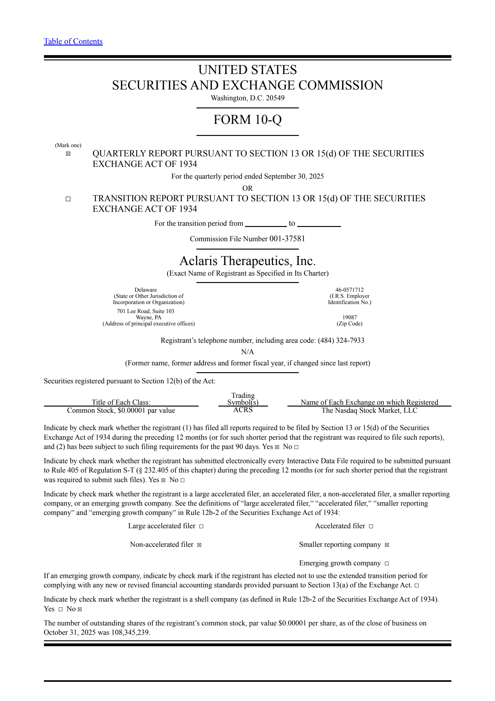 Aclaris Therapeutics' Q3 2025 Quarterly Report