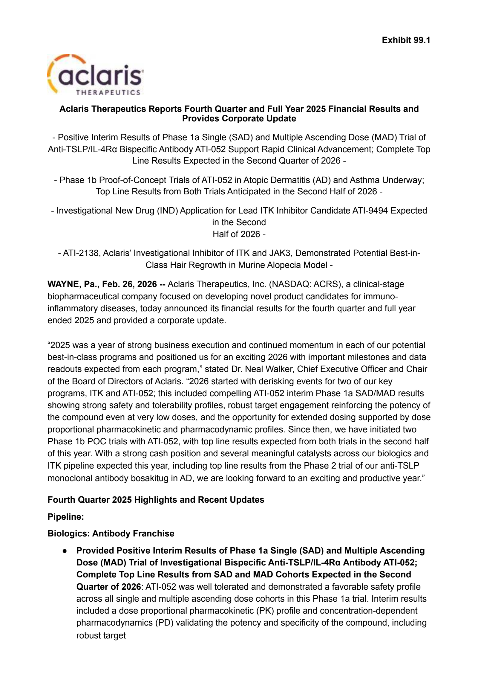 Aclaris Therapeutics' Q4 2025 Press Release