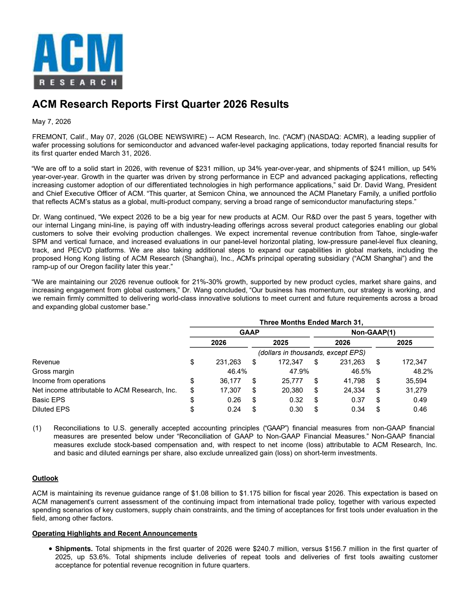 ACM Research's Q1 2026 Press Release