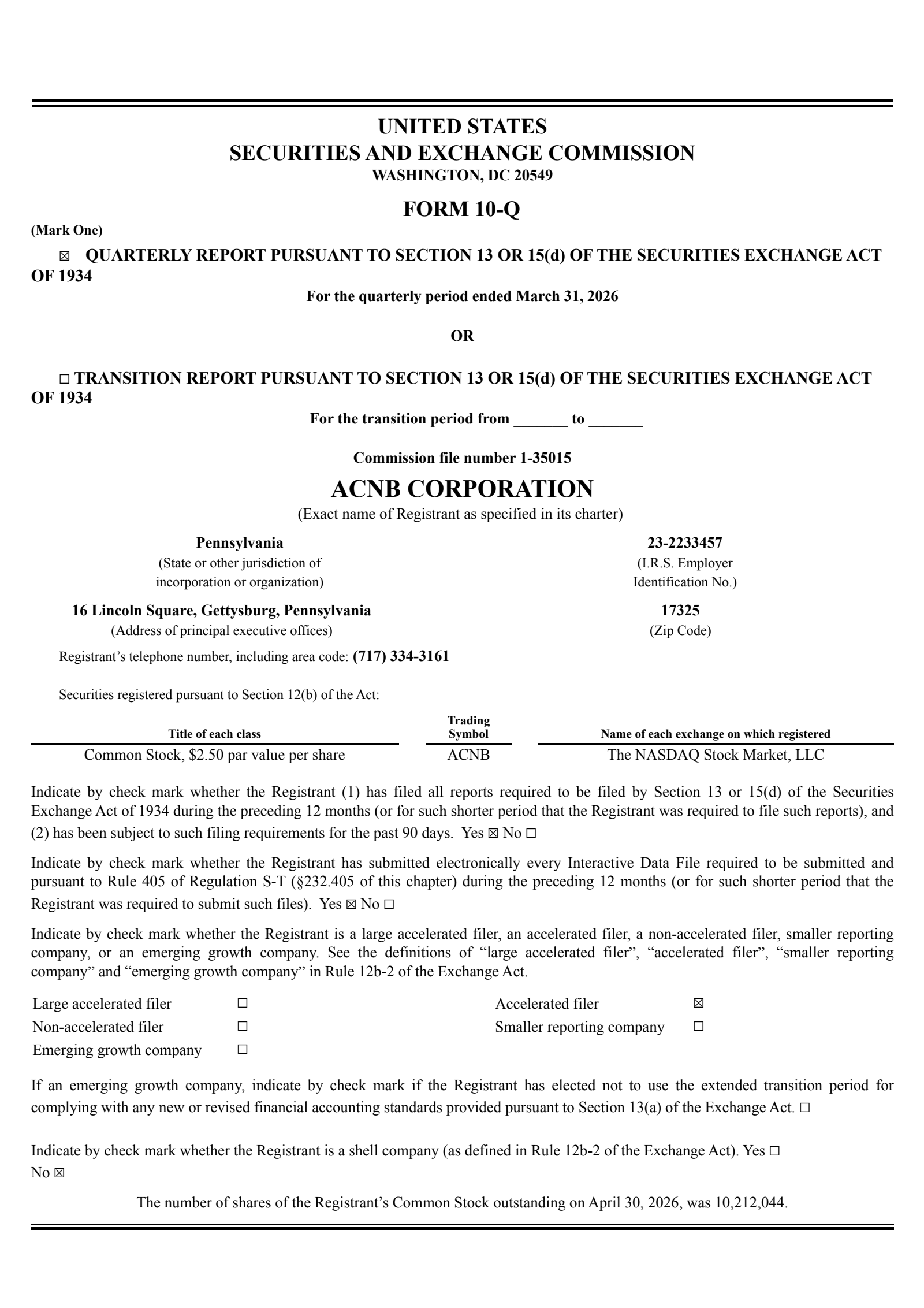 ACNB's Q1 2026 Quarterly report