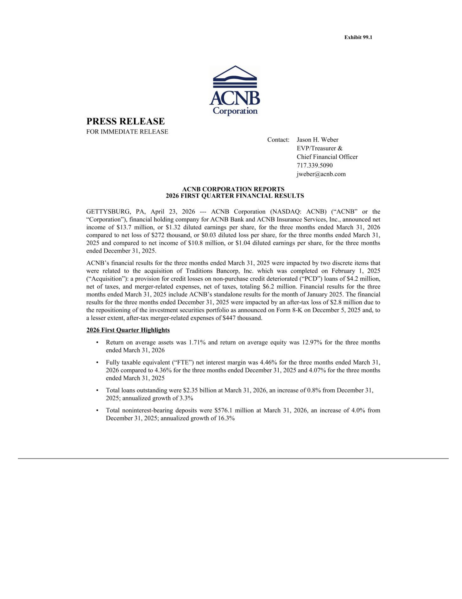 ACNB's Q1 2026 Press Release