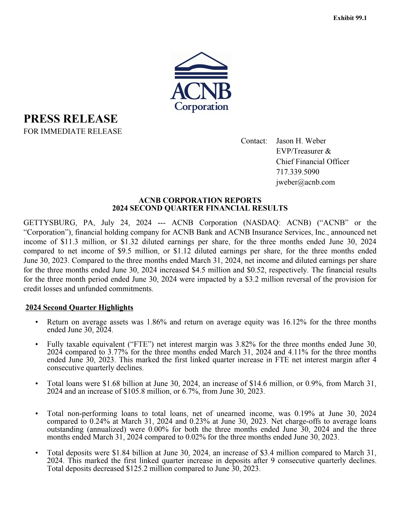 ACNB's Q2 2024 Press Release