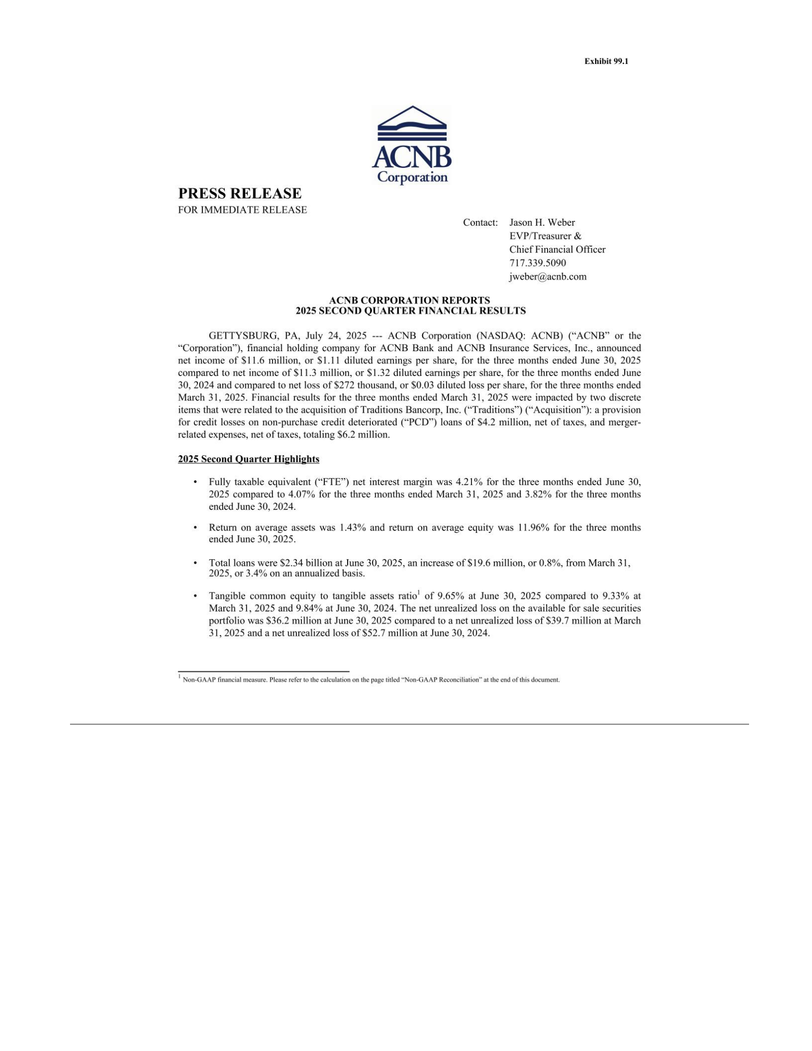 ACNB's Q2 2025 Press Release