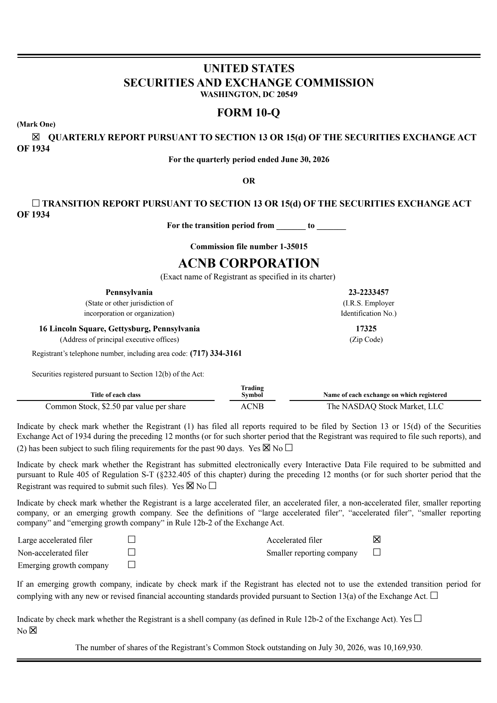 ACNB's Q2 2026 Quarterly report