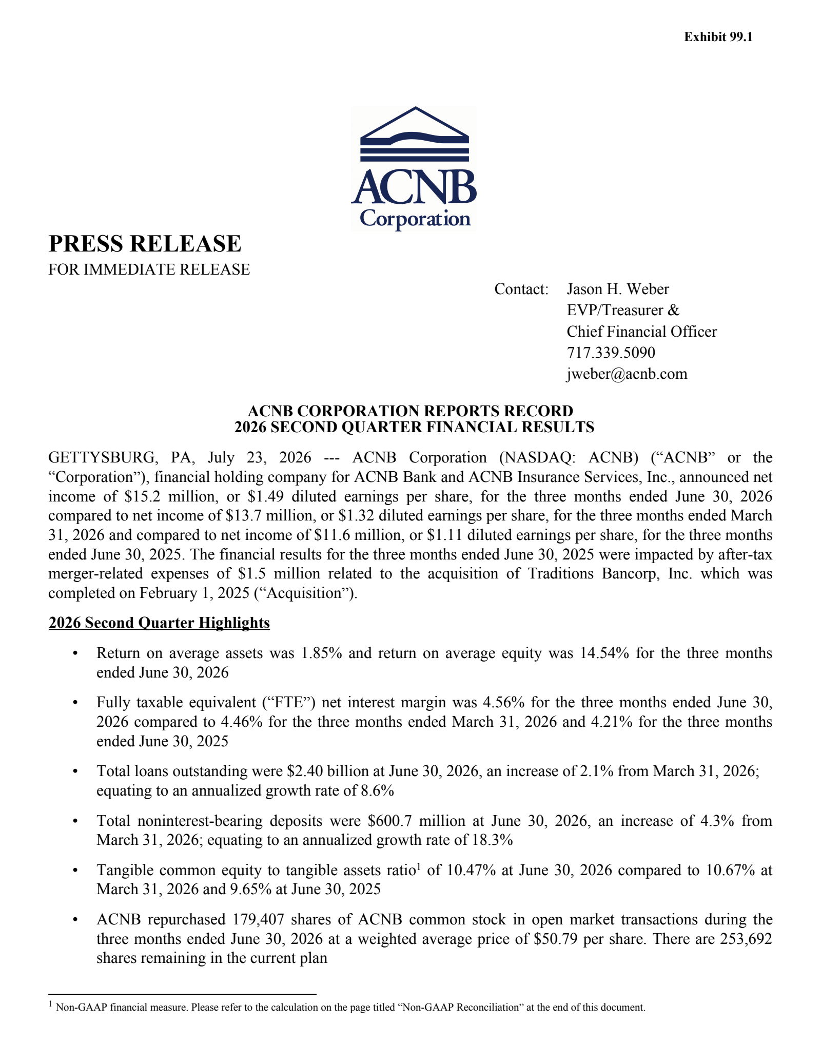 ACNB's Q2 2026 Press Release