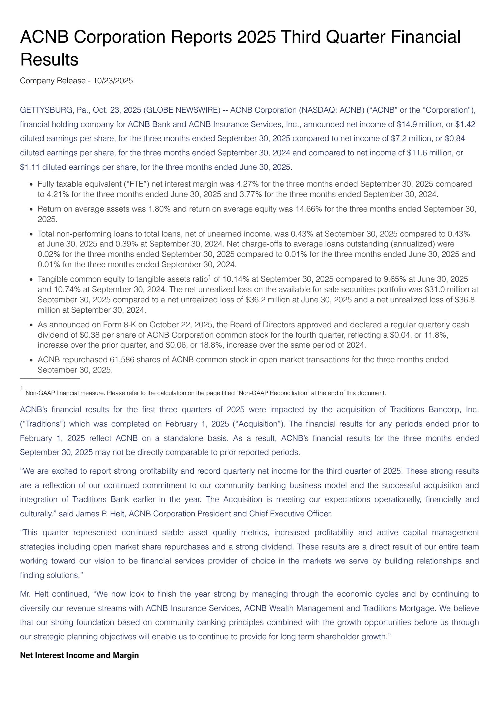 ACNB's Q3 2025 Earnings Release