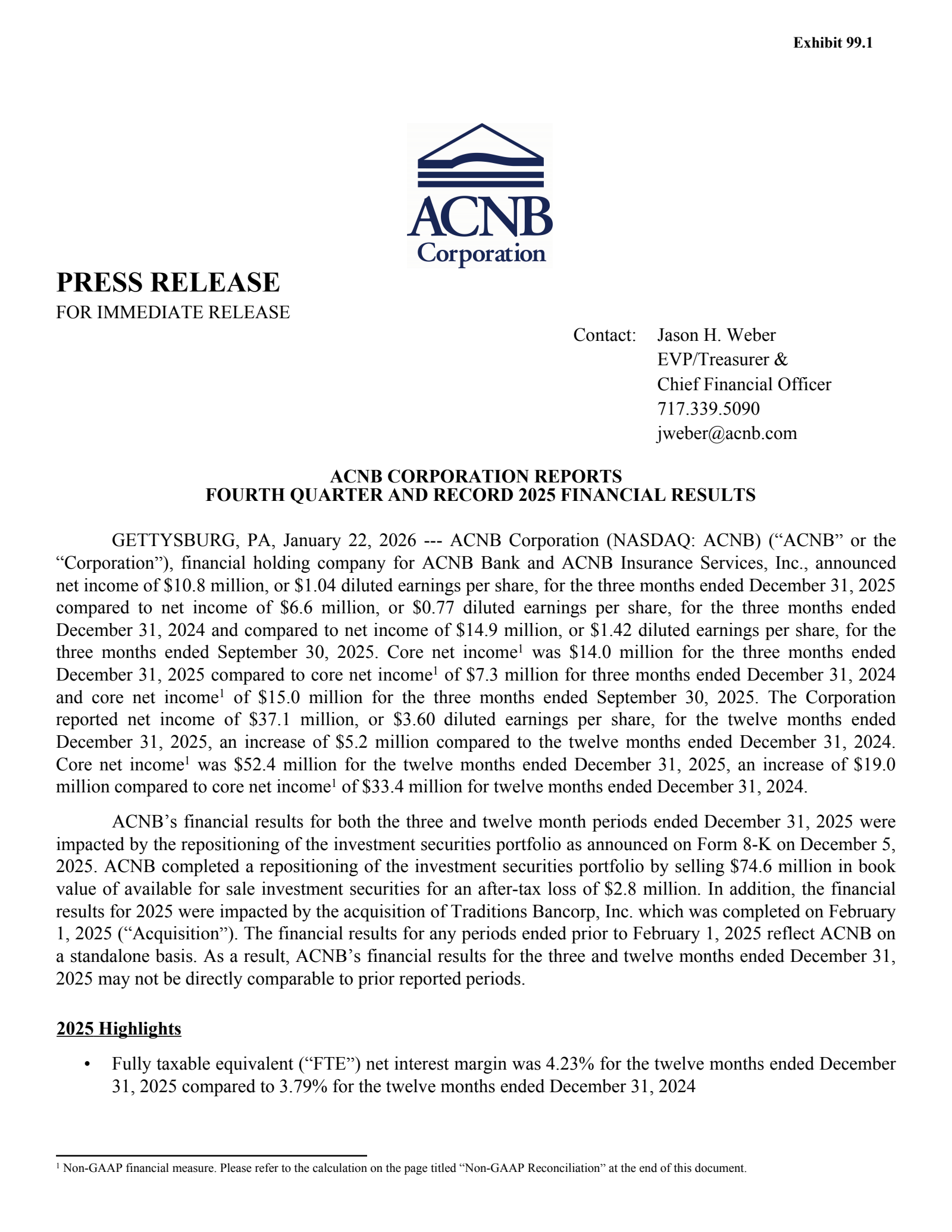 ACNB's Q4 2025 Press Release