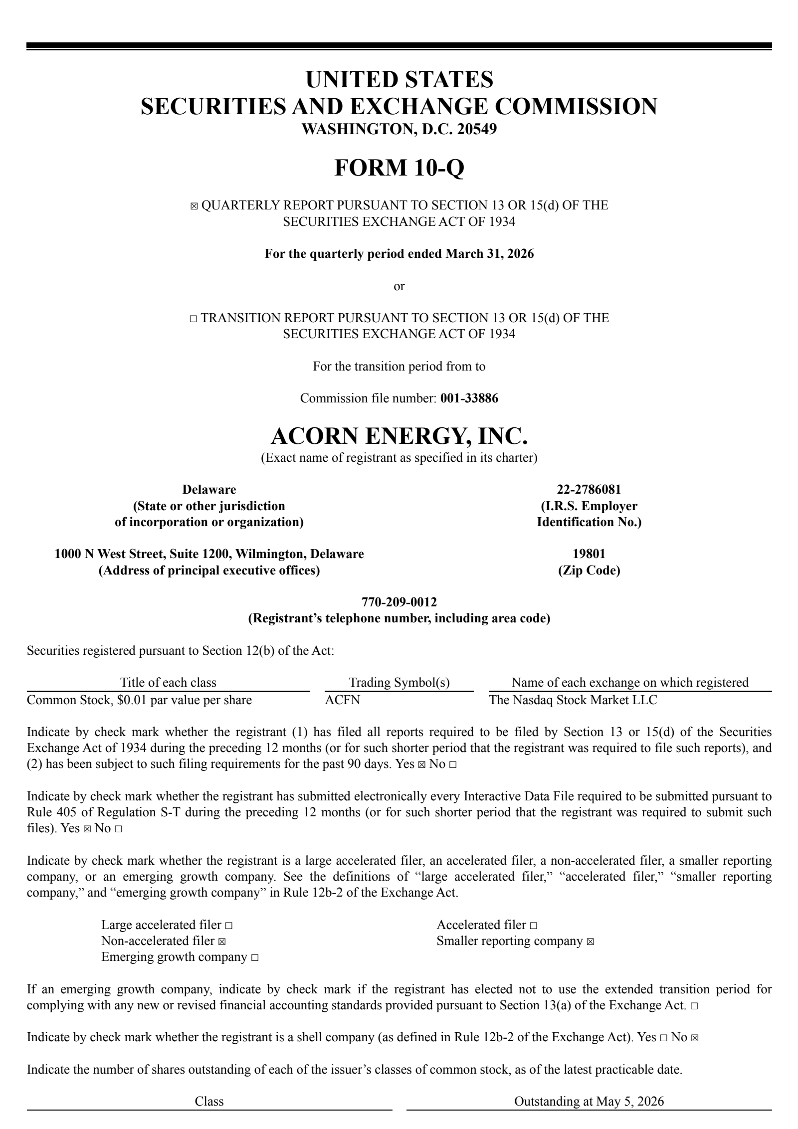Acorn Energy's Q1 2026 Quarterly report