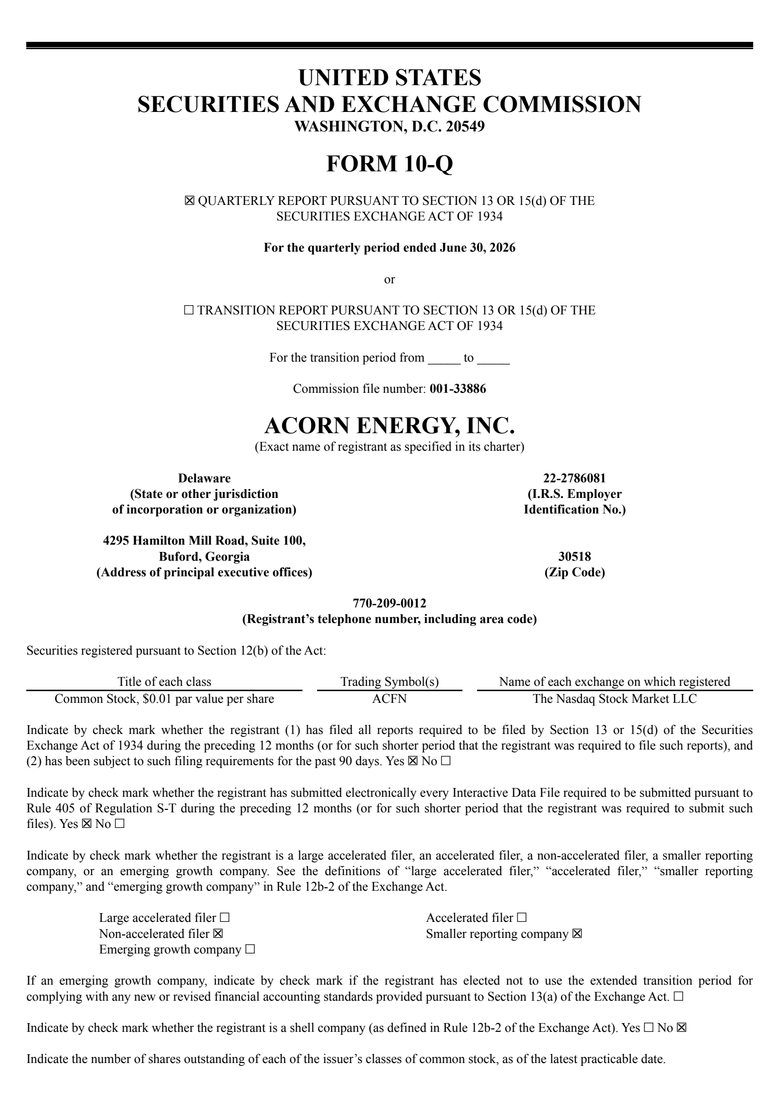 Acorn Energy's Q2 2026 Quarterly report