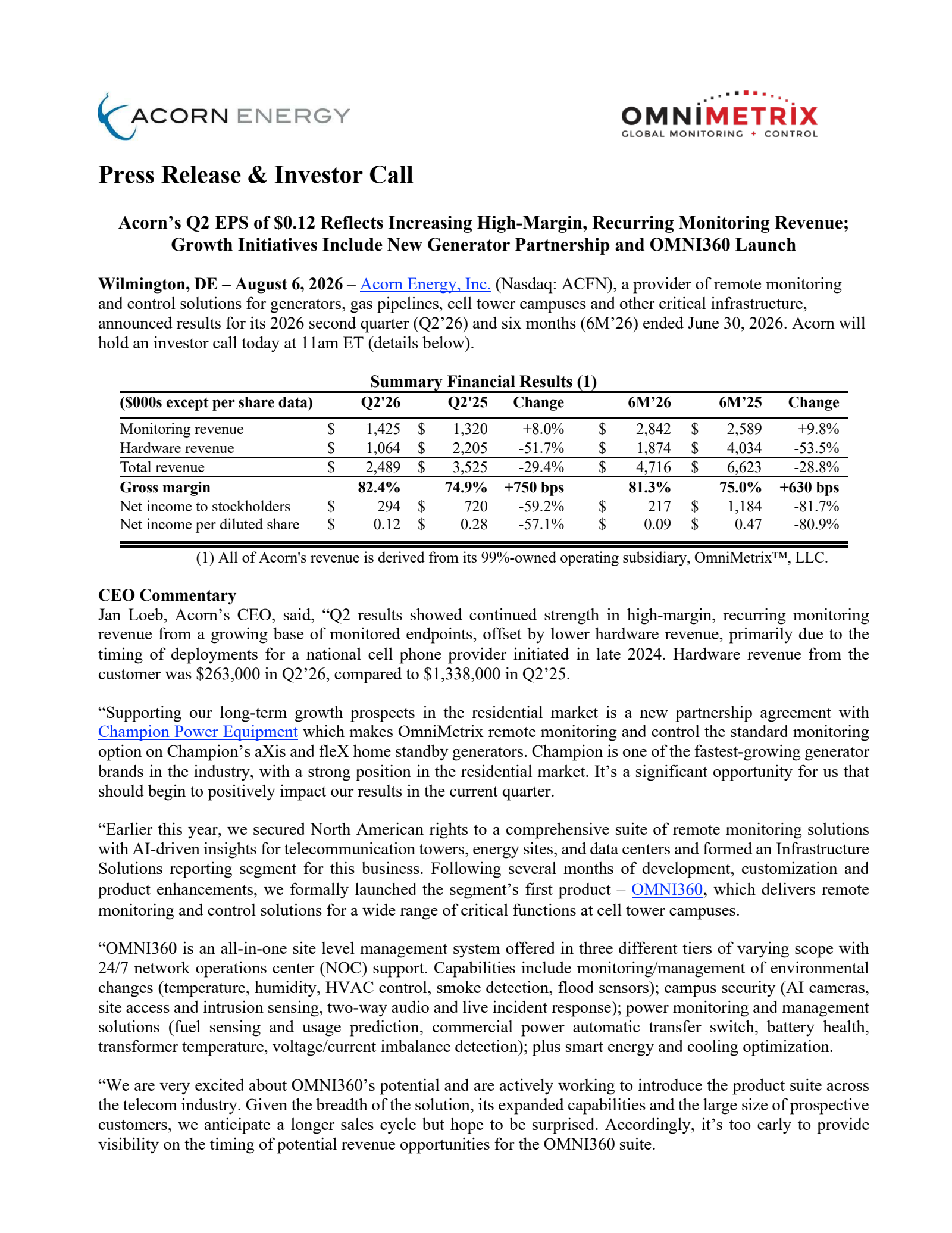Acorn Energy's Q2 2026 Press Release