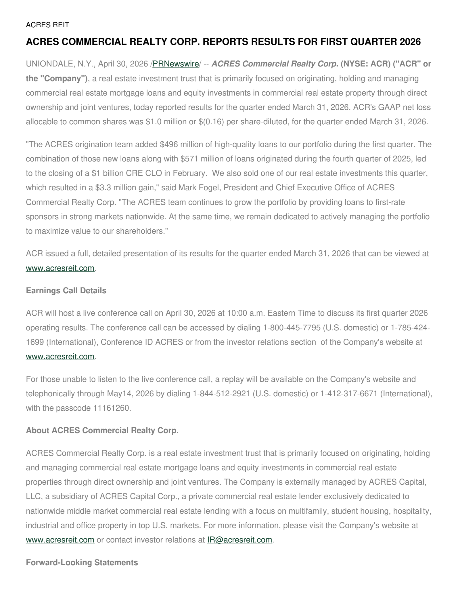 ACRES Commercial Realty's Q1 2026 Press Release