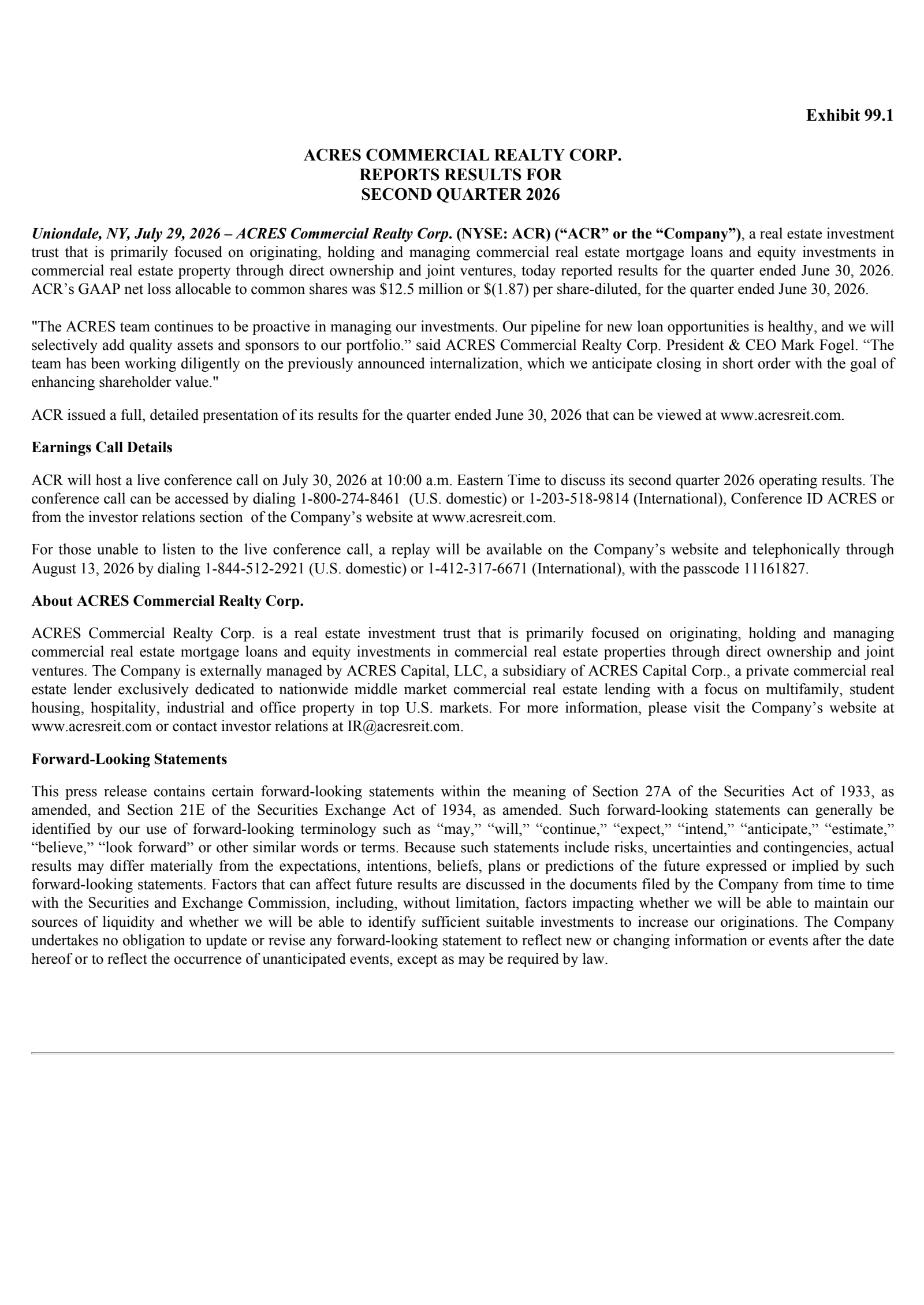ACRES Commercial Realty's Q2 2026 Press Release