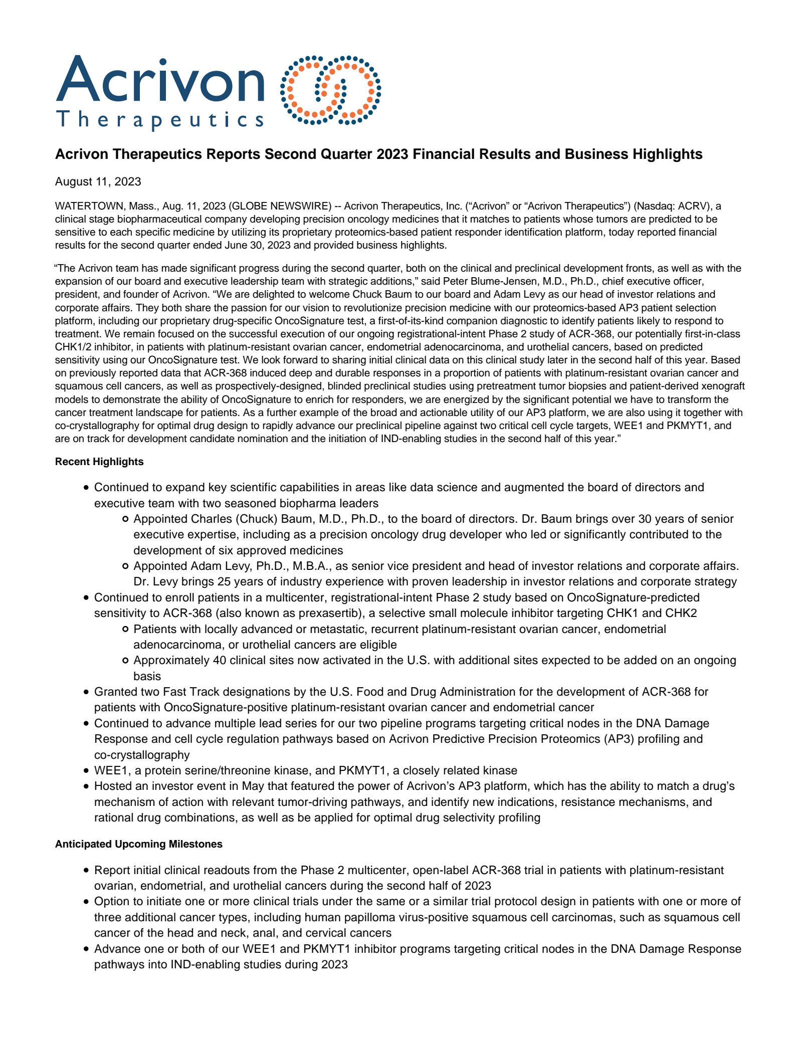 Acrivon Therapeutics' Q2 2023 Press Release