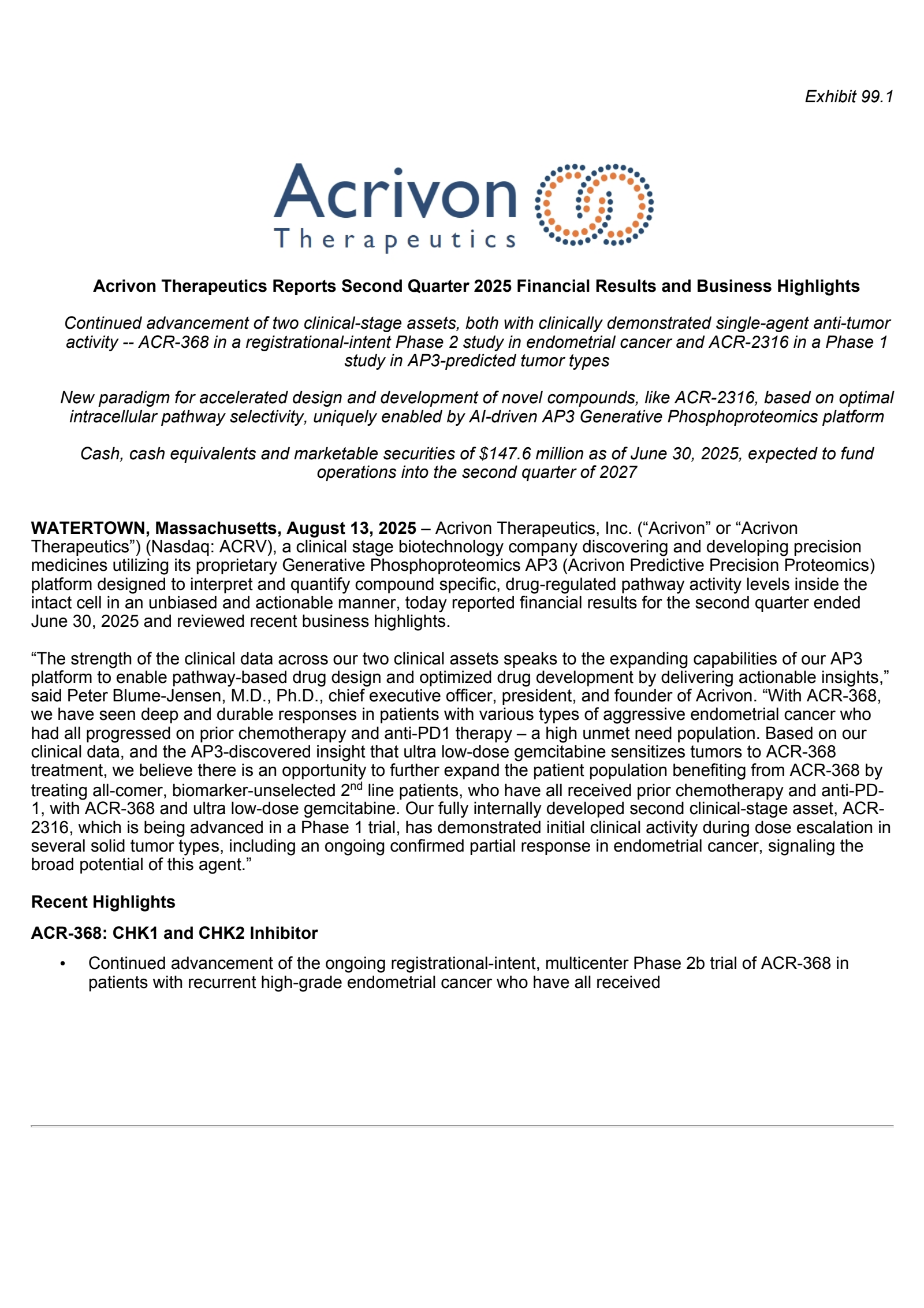 Acrivon Therapeutics' Q2 2025 Press Release