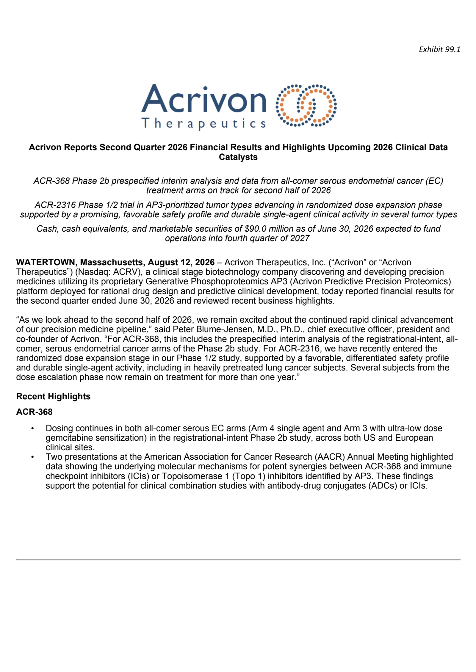 Acrivon Therapeutics' Q2 2026 Press Release