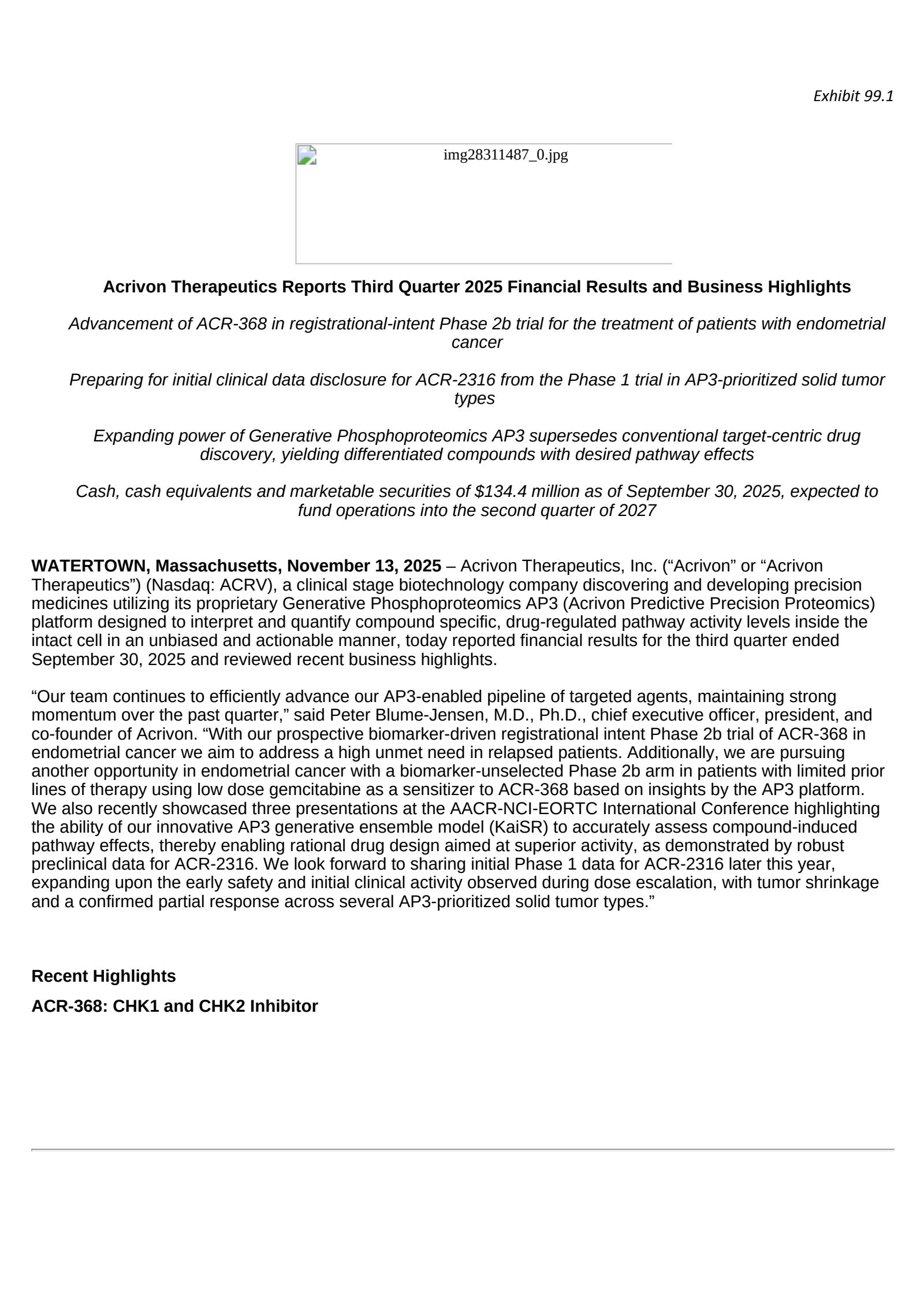 Acrivon Therapeutics' Q3 2025 Earnings Release