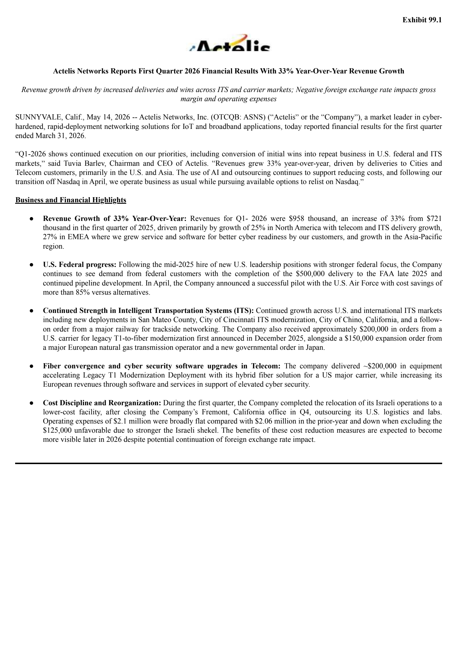 Actelis Networks' Q1 2026 Press Release