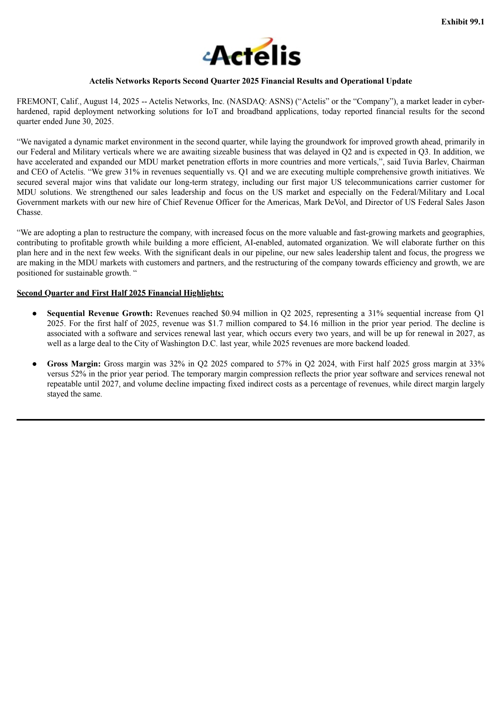 Actelis Networks' Q2 2025 Press Release