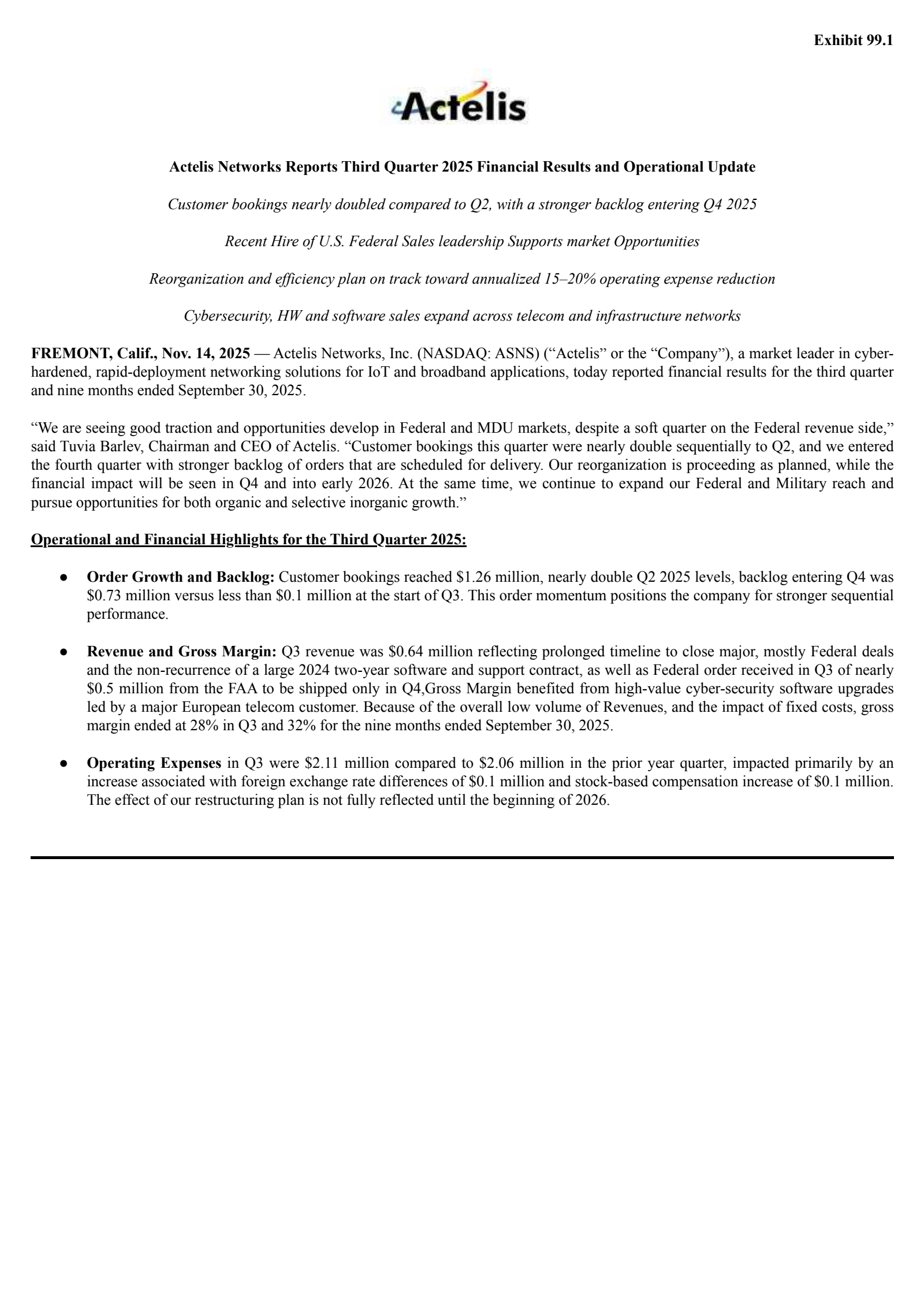 Actelis Networks' Q3 2025 Earnings Release